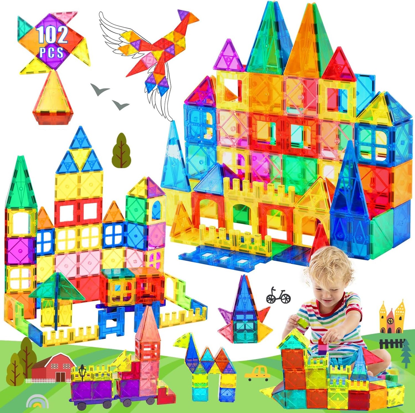 102 Pcs Magnetic Tiles Kids Toys for Creative Building Fun