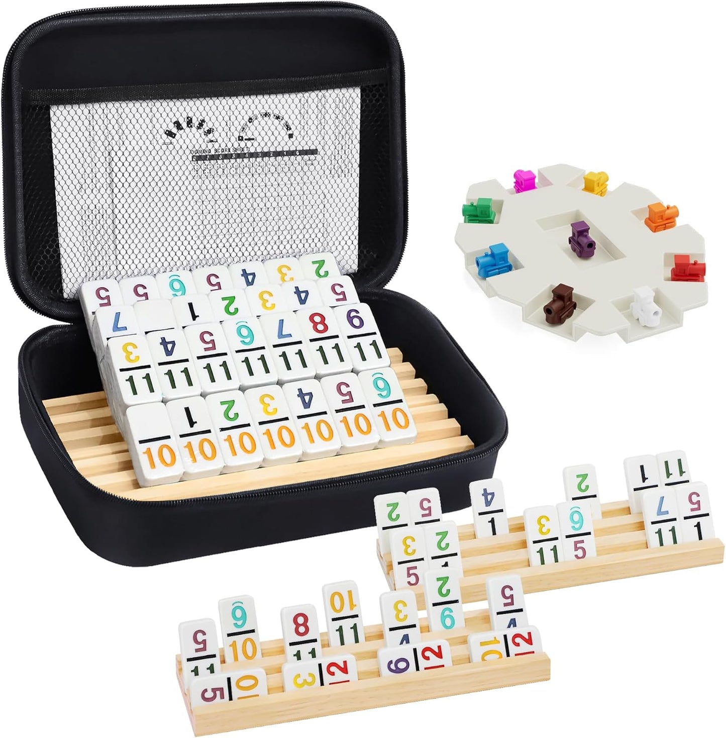 Mexican Train Dominoes Set with 4 Wooden Trays for Fun