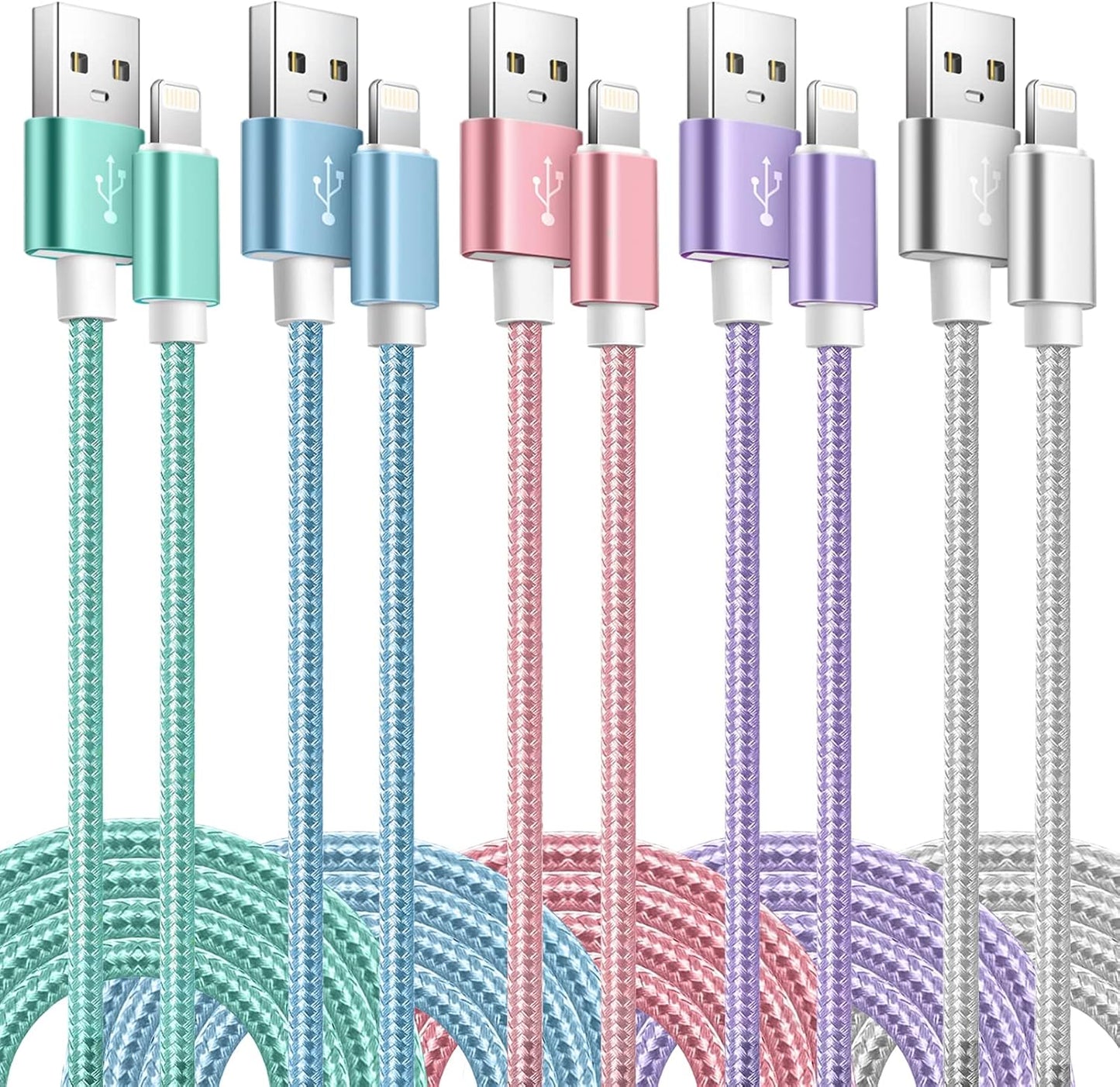 Fast Charging iPhone Charger Cable 5-Pack | MFi Certified Nylon Braided Lightning Cables