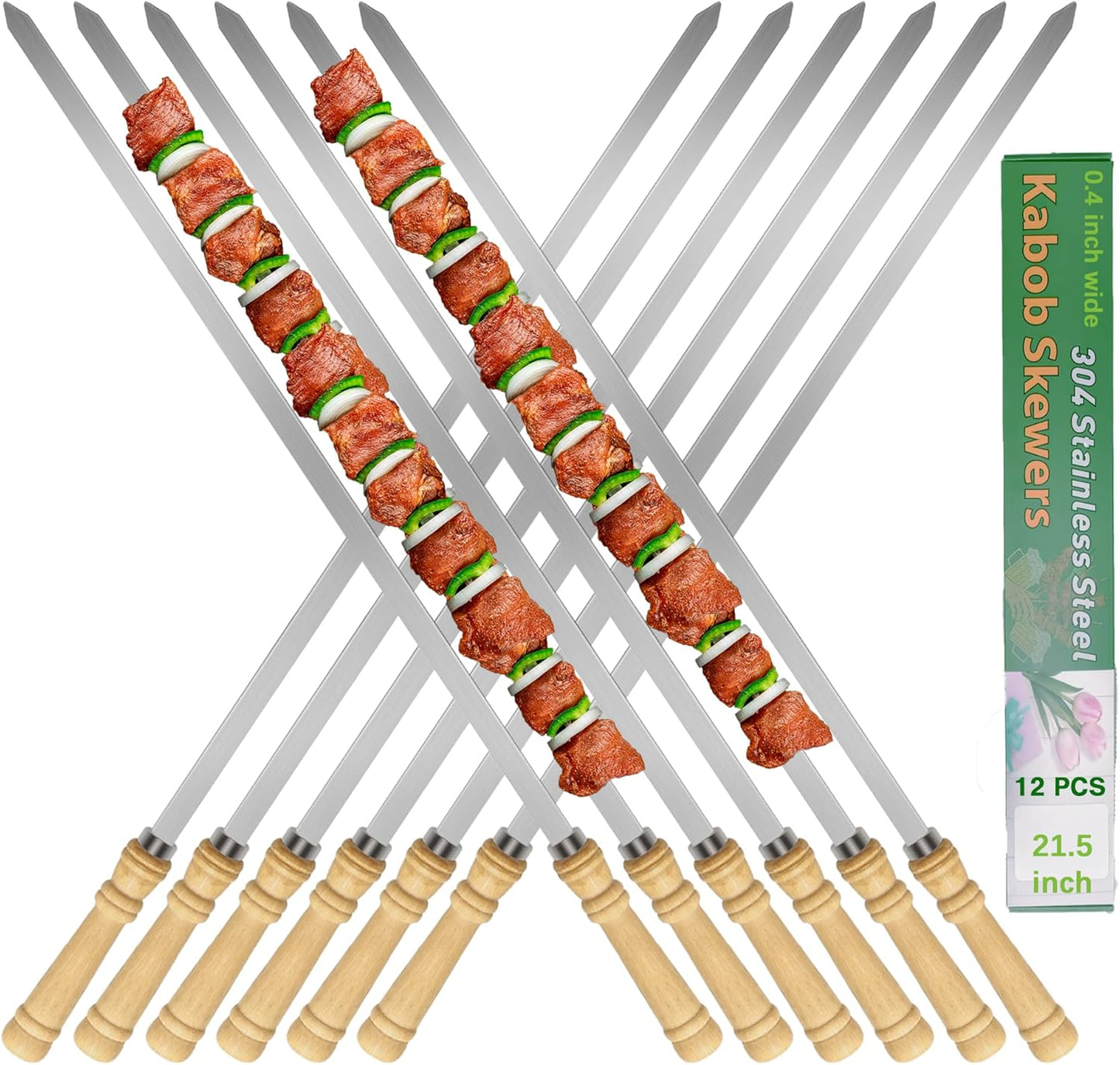21.5 Inch Long Flat Skewers for Kabobs - Durable BBQ Metal Sticks