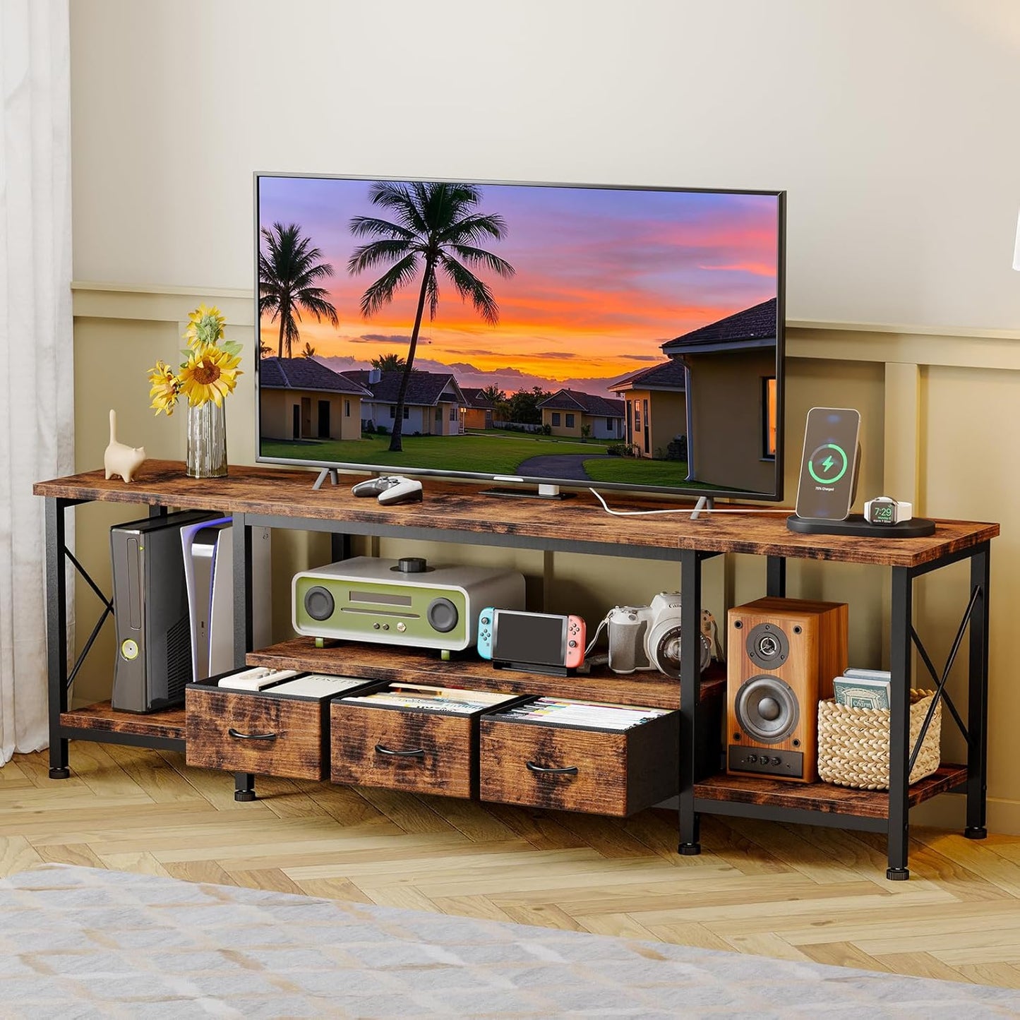 YGEOMER 63 Rustic Brown TV Stand with Power Outlets & Storage