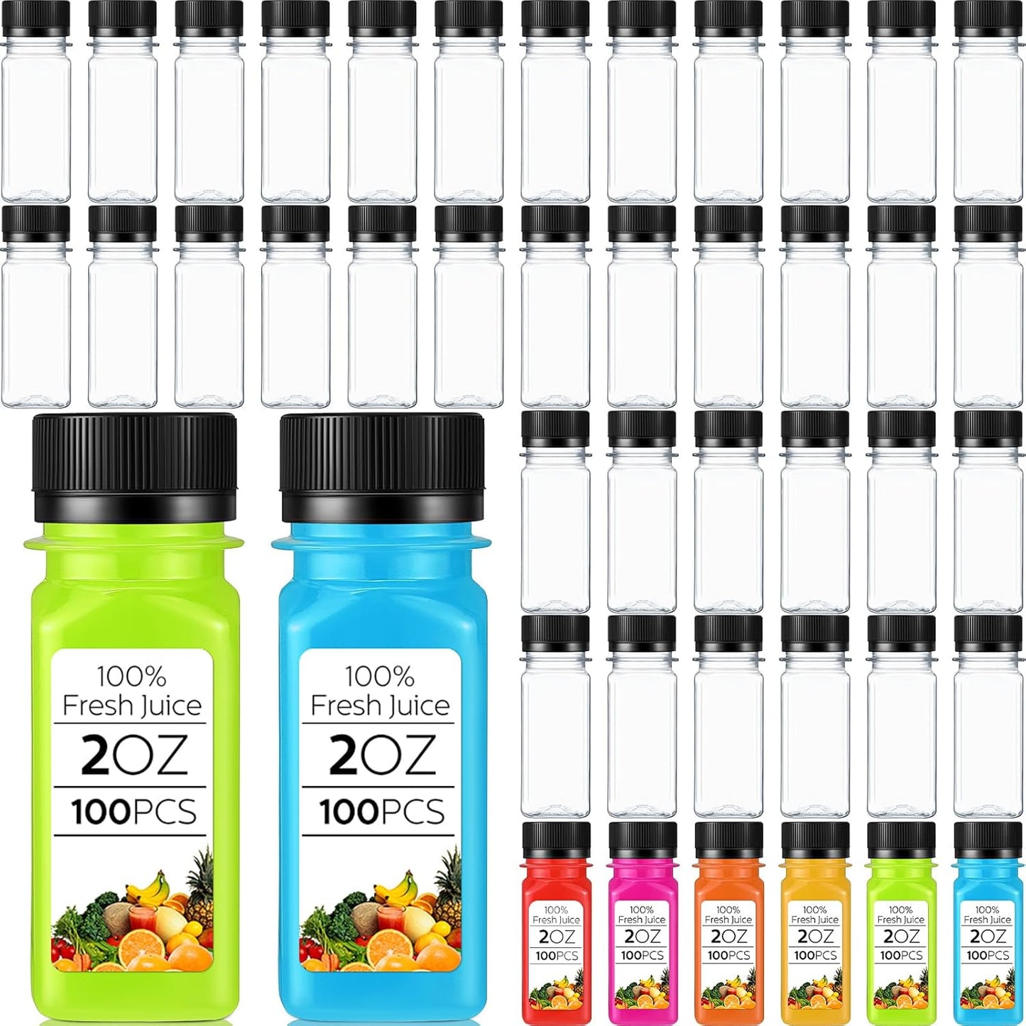 2oz Clear Plastic Juice Bottles for Liquids - 100 Pcs Set