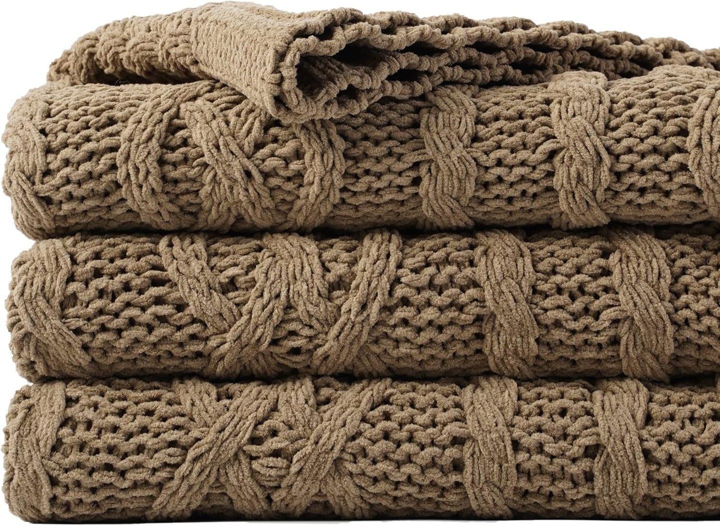 Battilo Camel Tan Throw Blanket - Cozy Chenille Knitted Comfort