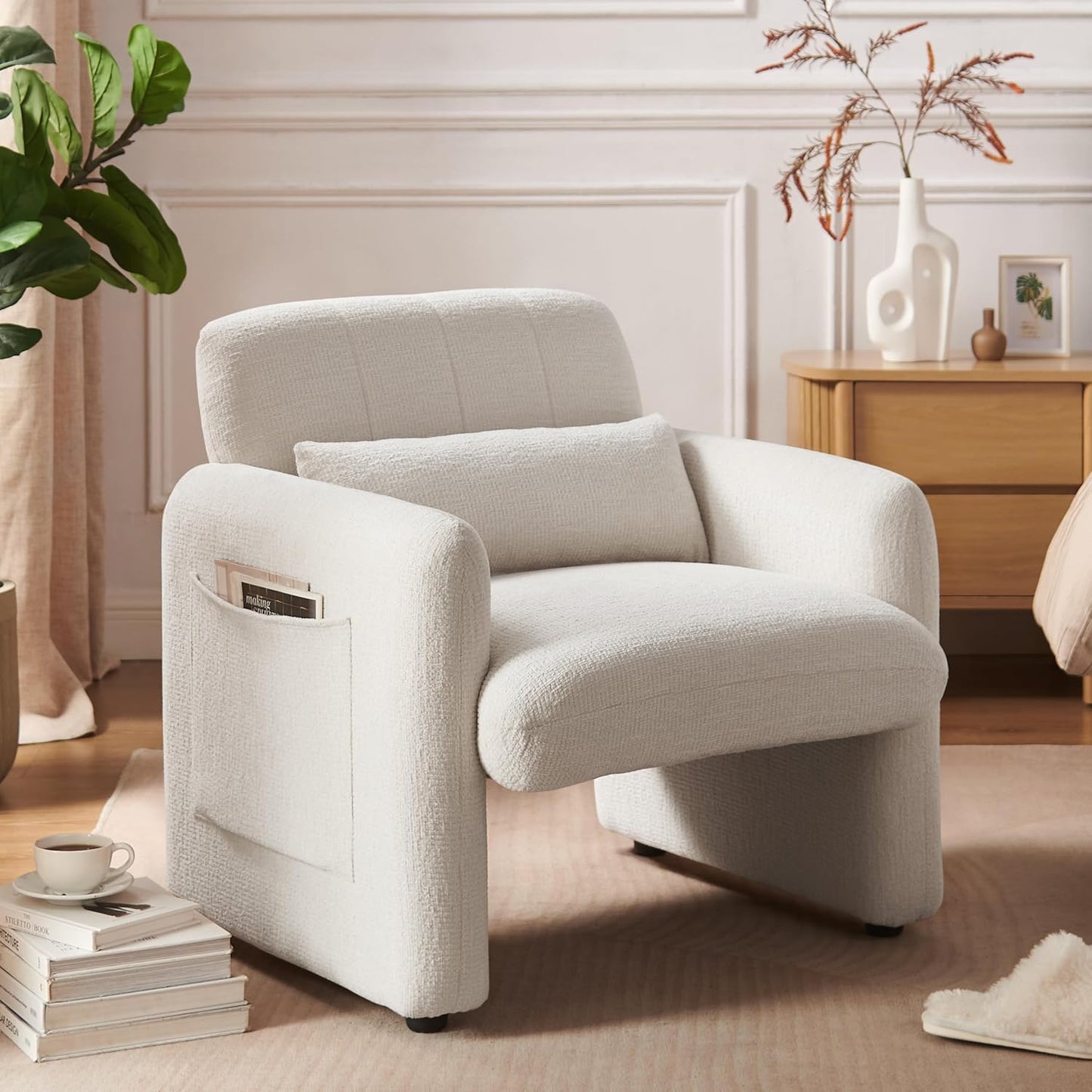 VKNOW Modern Chenille Accent Chair, Comfy Support Pillow, White