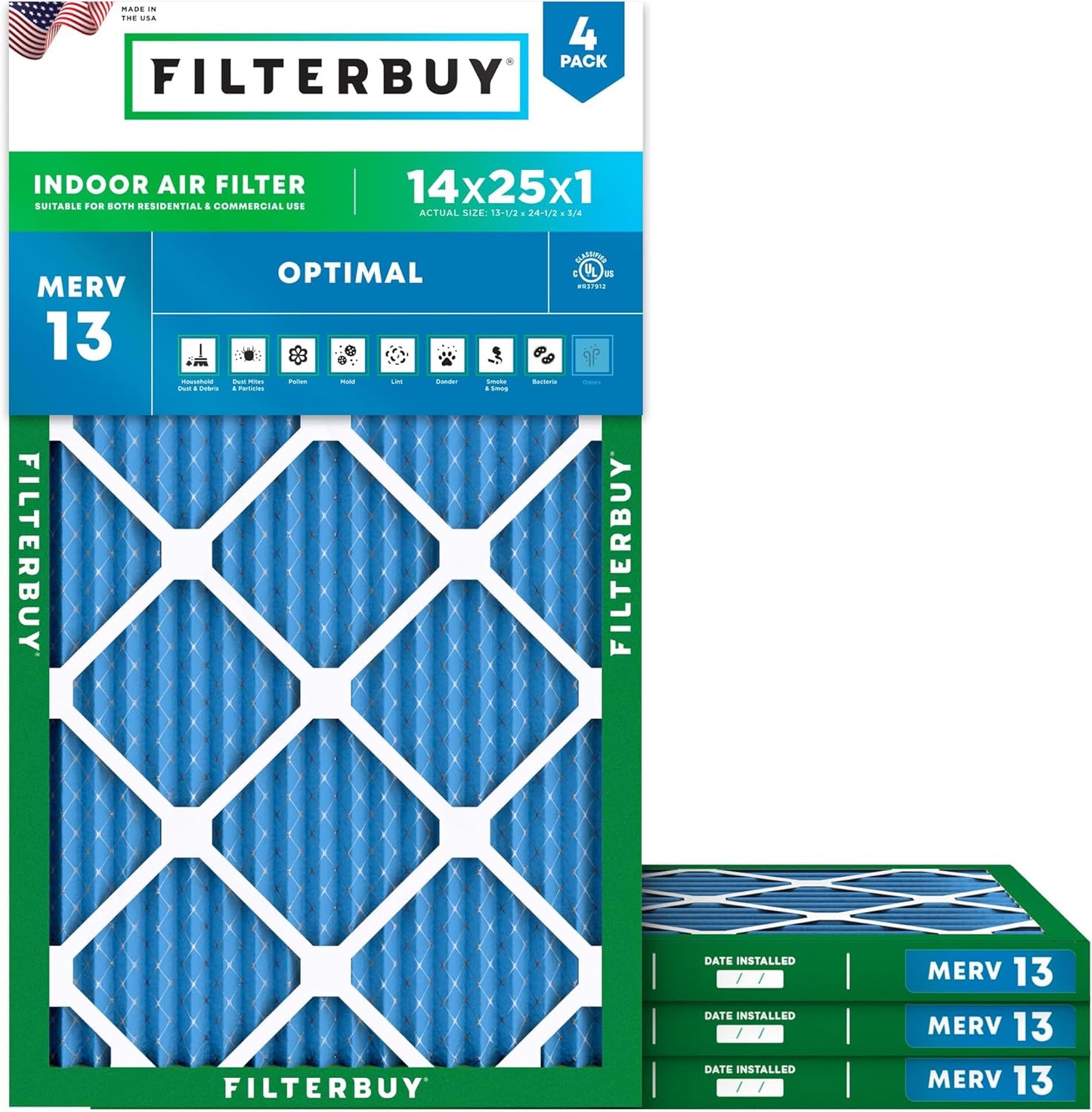 Filterbuy 14x25x1 Air Filter MERV 13 for Smoke & Allergy Defense