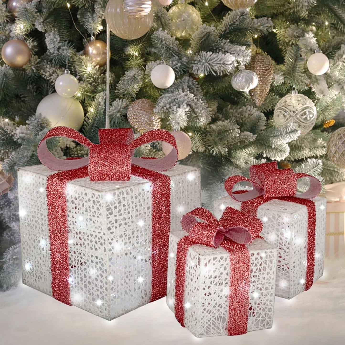 Lighted Gift Boxes Set of 3 for Pink Christmas Decor