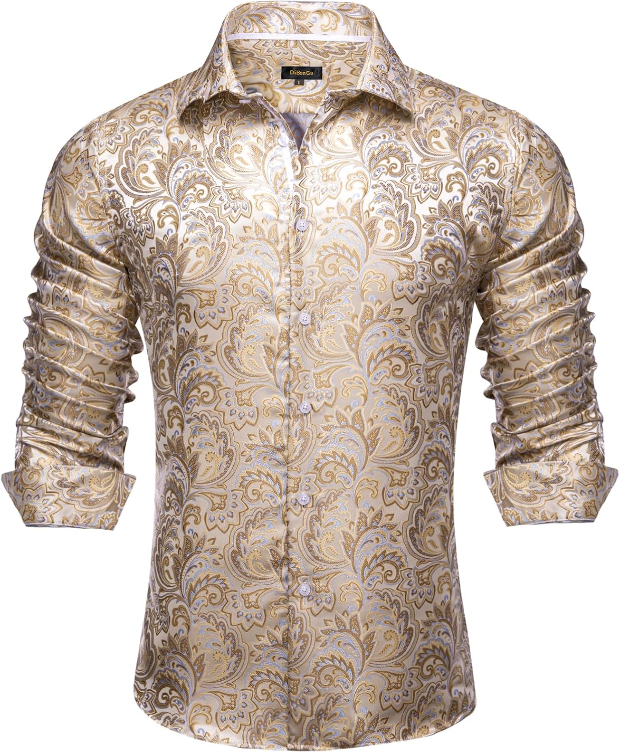 Silk Paisley Dress Shirts for Men Long Sleeve Button Down Style