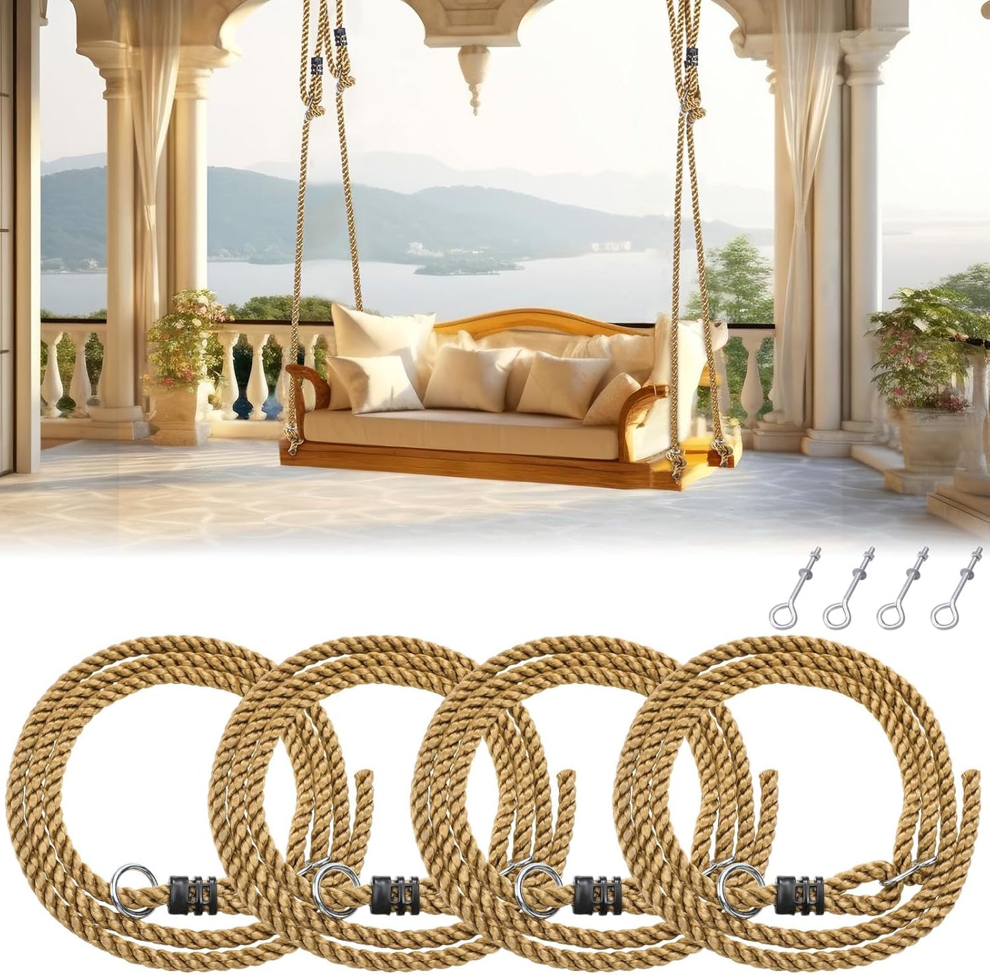 4 Pack Porch Swing Rope Kit for Heavy Duty Swing Setup