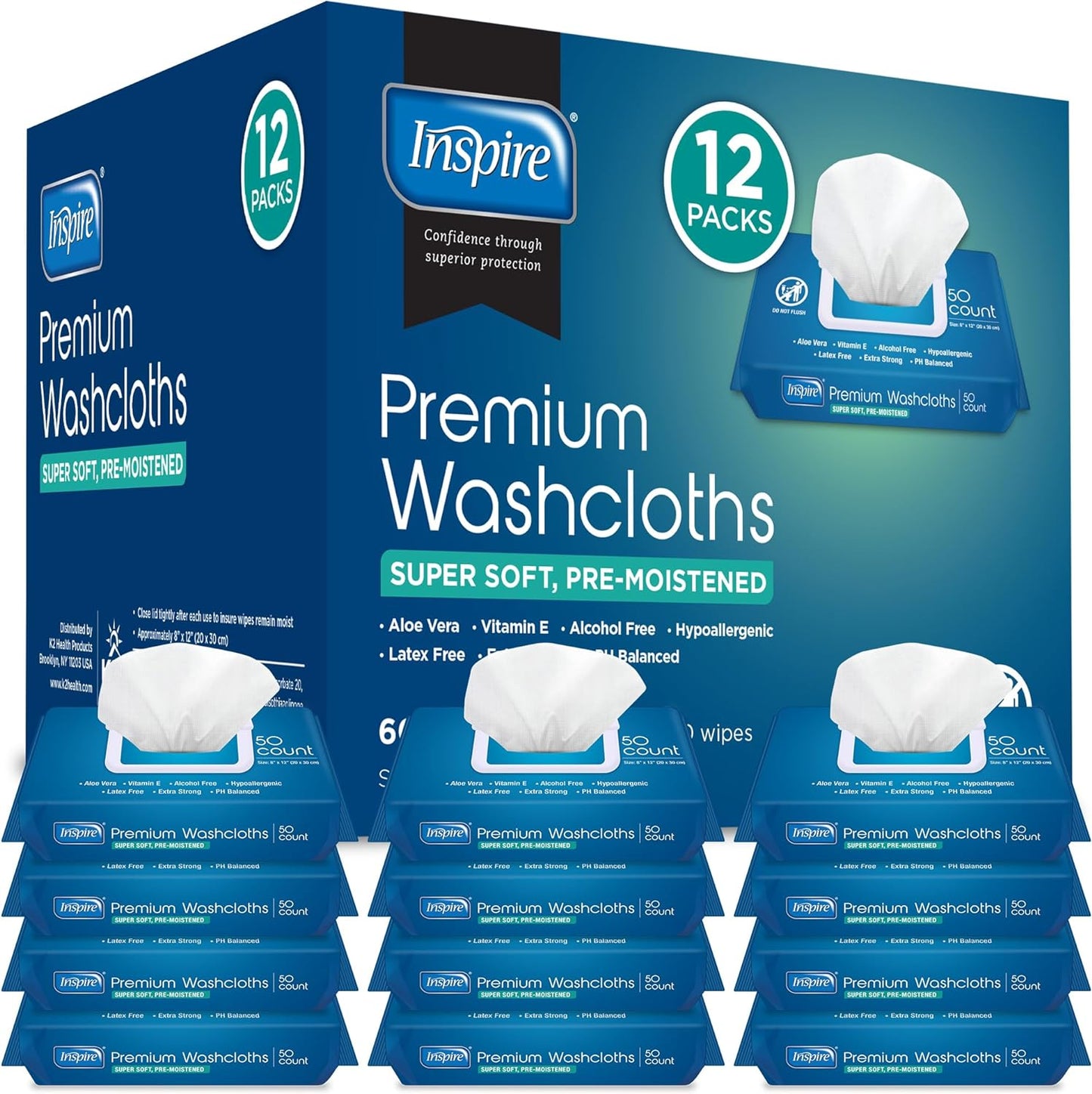 Inspire Adult Wet Wipes | Gentle Incontinence Care, 12x50ct Packs