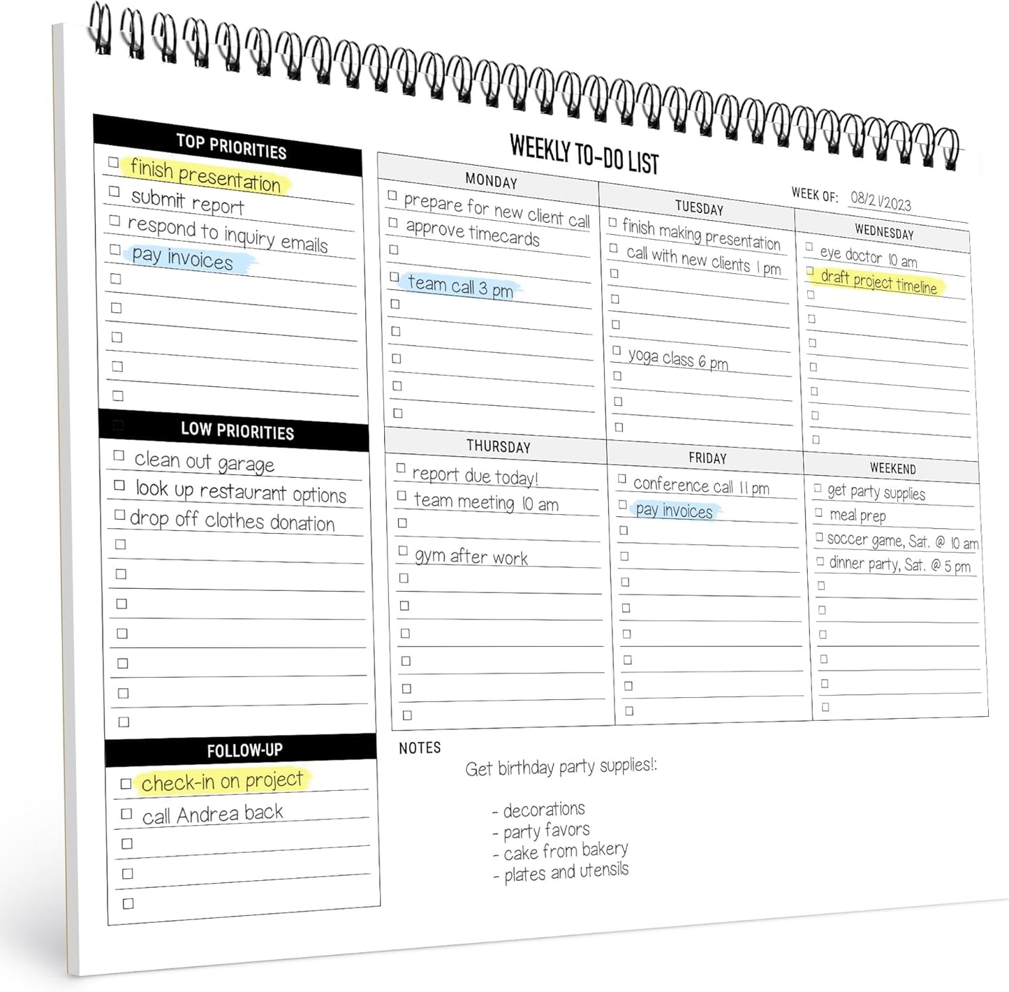 Undated Weekly Desk Planner - 52 Sheets - Organize Your Days! - 8.5x11 Spiral Notepad