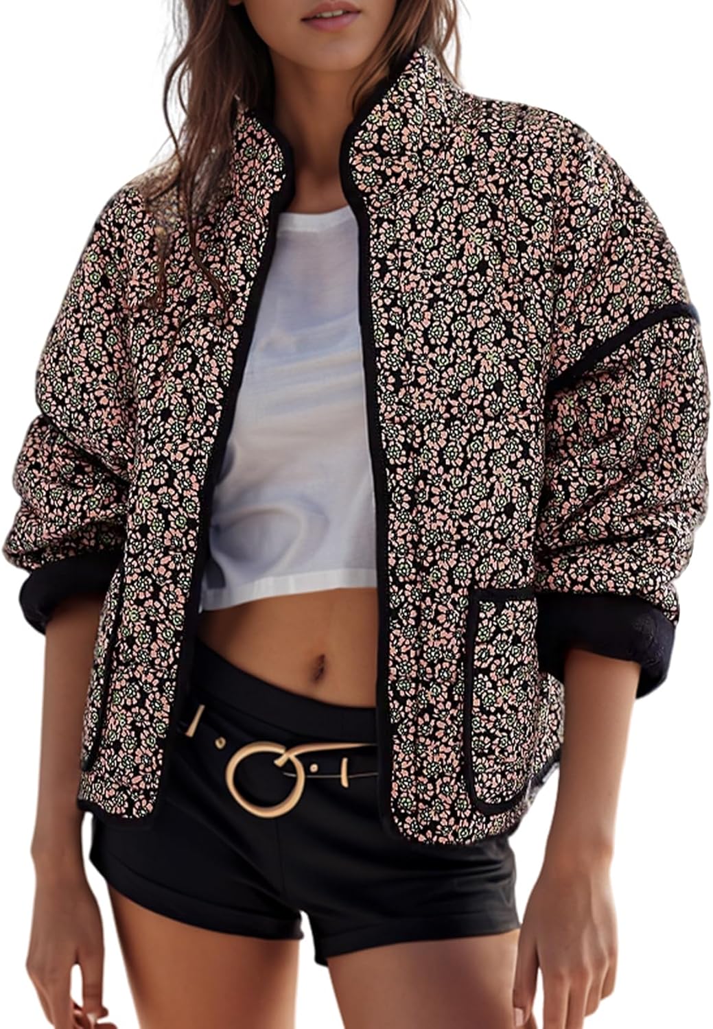 Stylish Women's Cropped Puffer Jacket with Floral Print Design