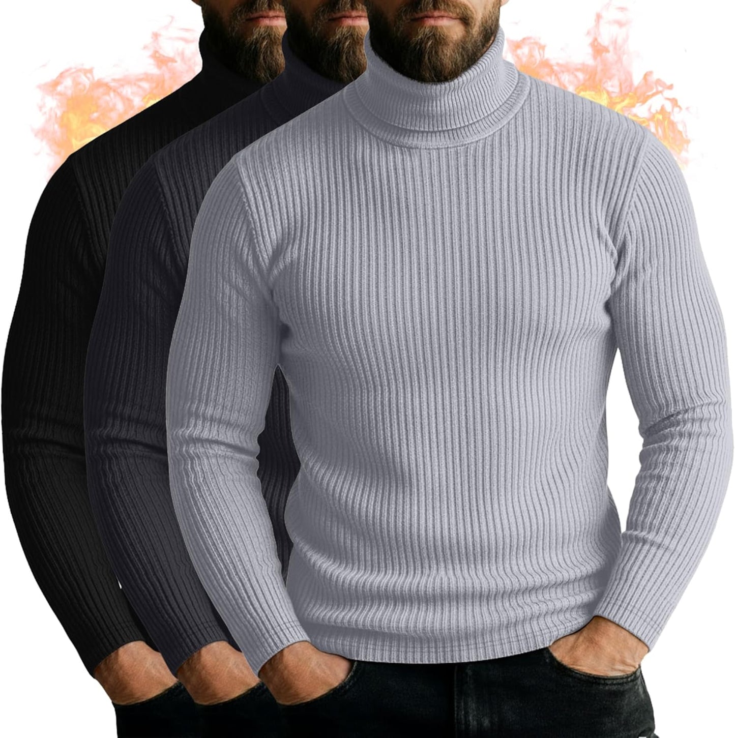 Men's Turtleneck Long Sleeve Shirts - 3 Pack Casual Knit Tops