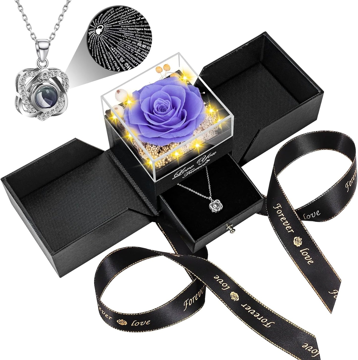 Preserved Violet Real Rose with Heart Necklace for Her Gifts