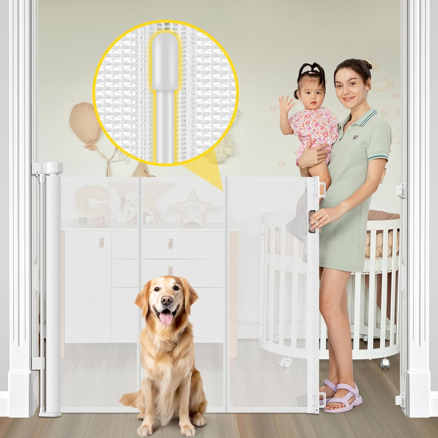 Reinforced 42 Extra Tall Retractable Dog Gate for Doorways