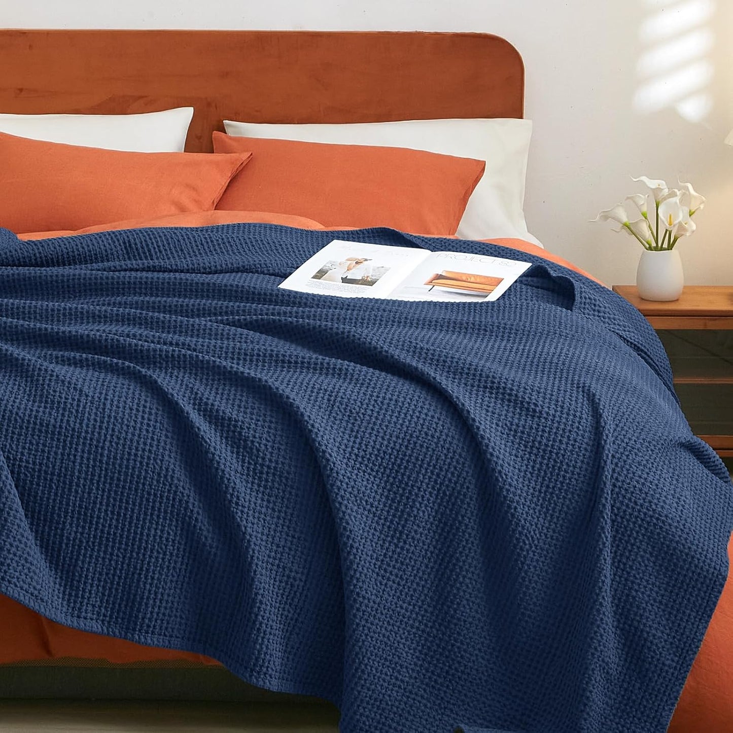 PHF Pre-Washed Cotton Waffle Weave Blanket for Twin Size Bed