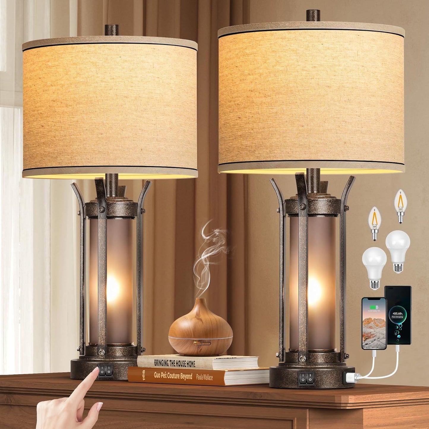 Rustic Farmhouse Table Lamps with USB Charging Ports for Home