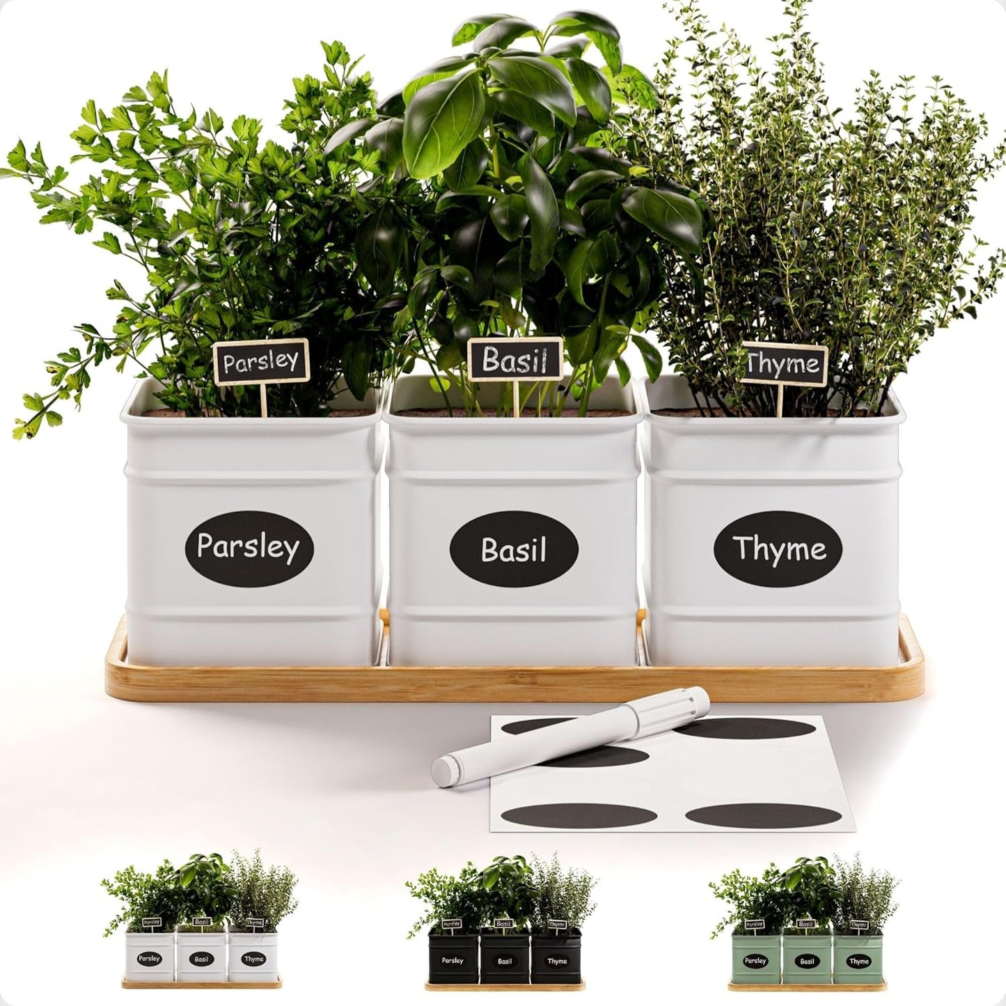 Herb Planter Indoor with 3 Iron Pots and Bamboo Tray for Herbs