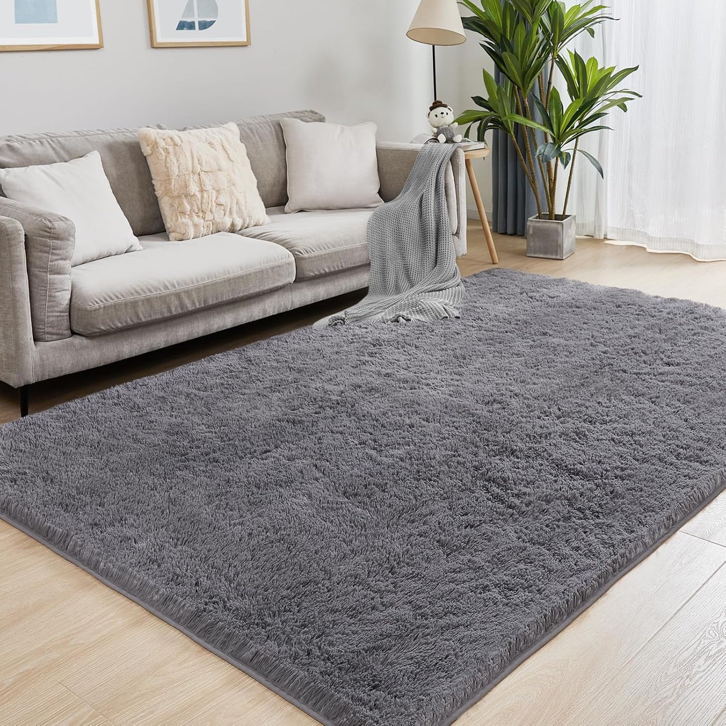 9x12 Grey Fluffy Plush Area Rug for Cozy Home Decoration