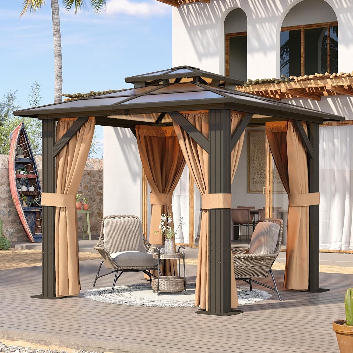 Aoxun 8ftx8ft Hardtop Gazebo with Curtains and Netting for Outdoors
