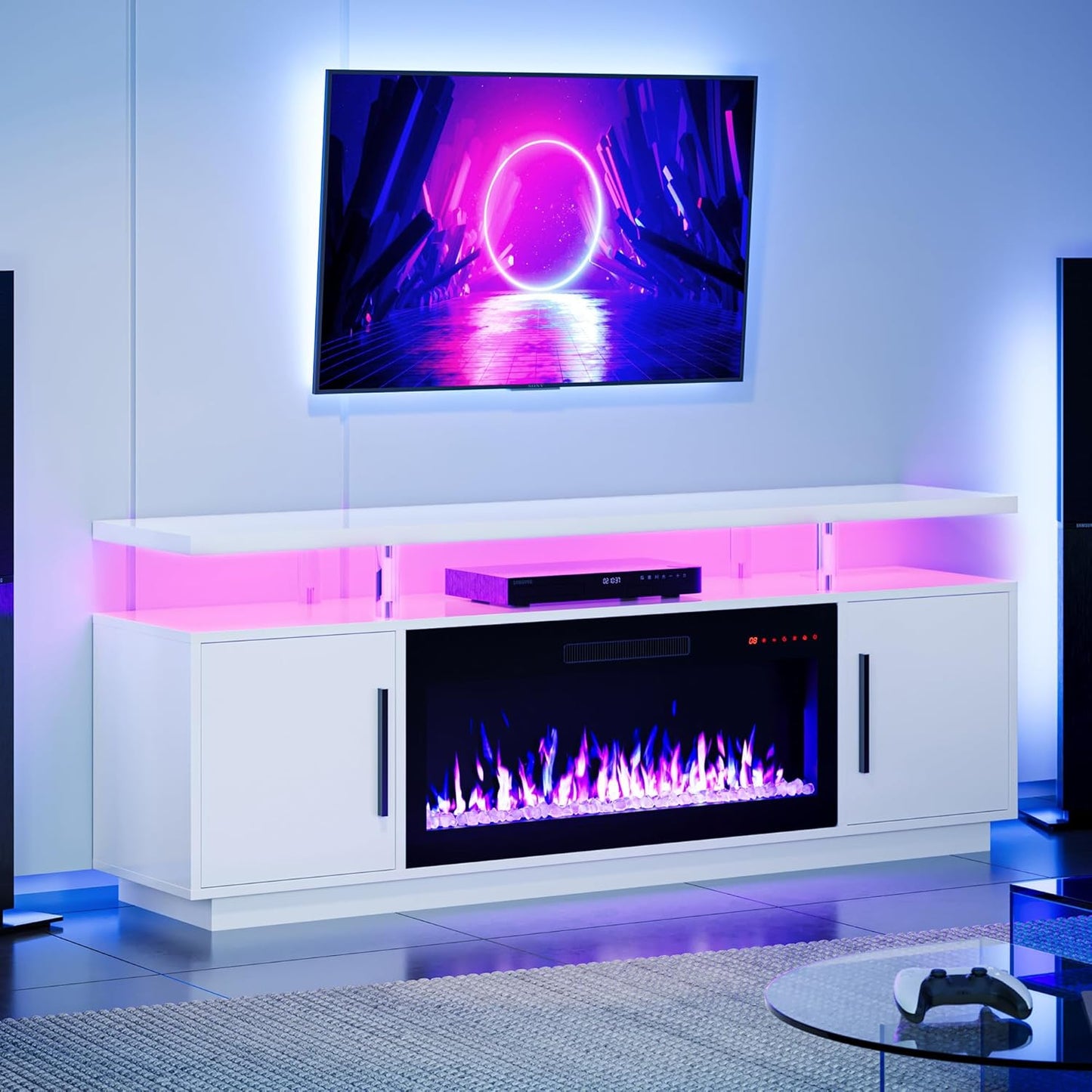 Modern TV Stand with Fireplace & USB Outlet - White