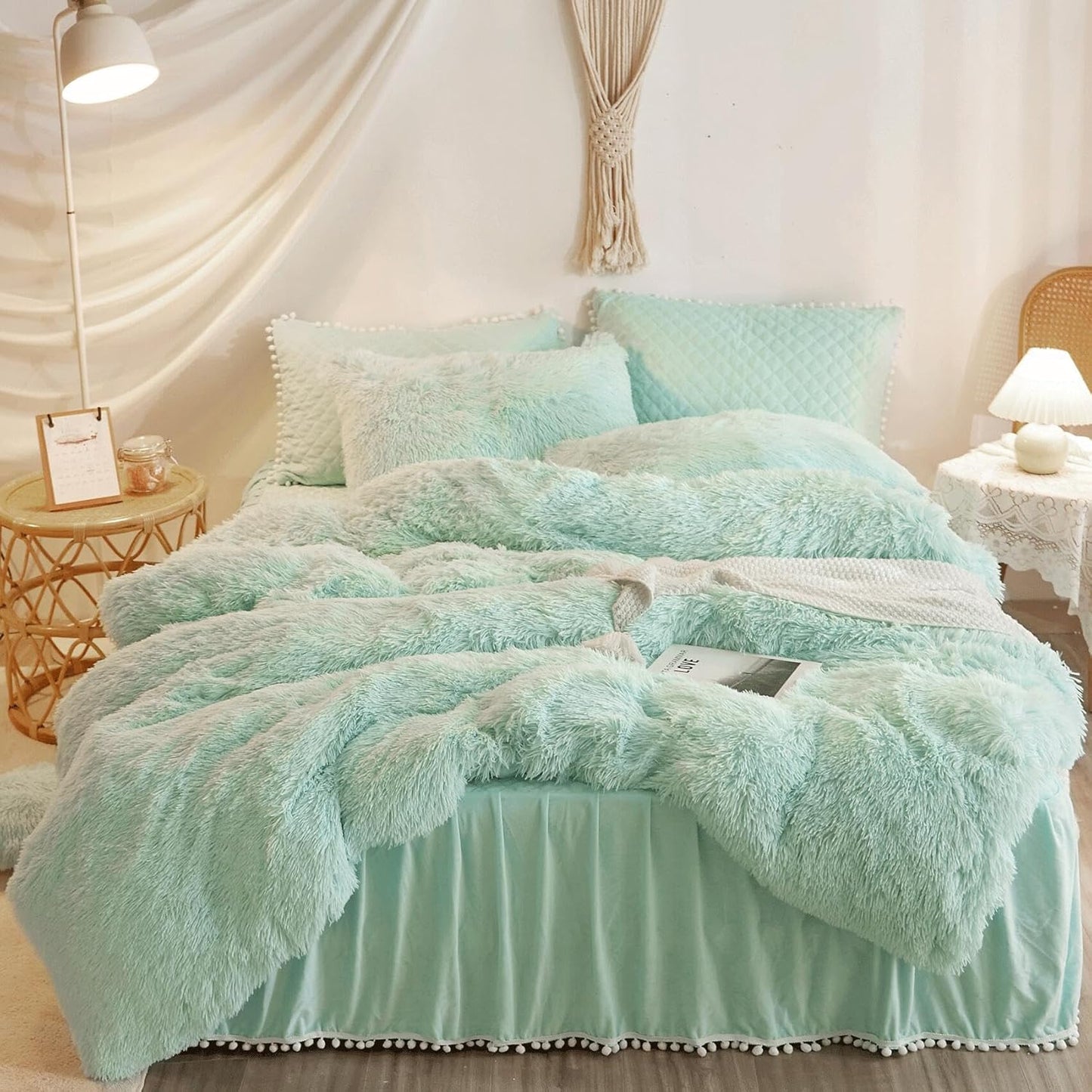 Fuzzy Mint Green Comforter Cover Queen Set for Cozy Sleep