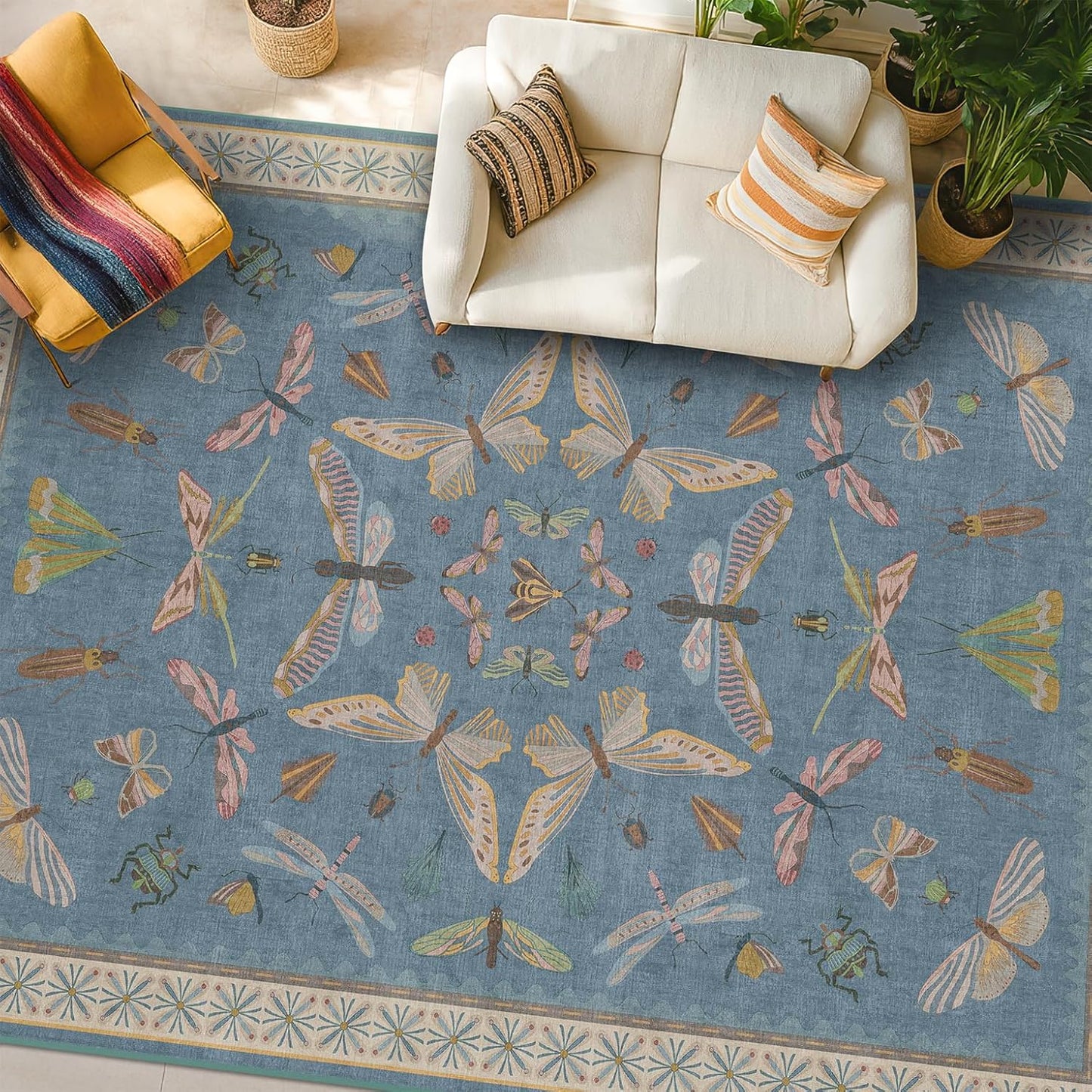 Light Blue Area Rugs for Dining Room - 8x10 Washable Carpet