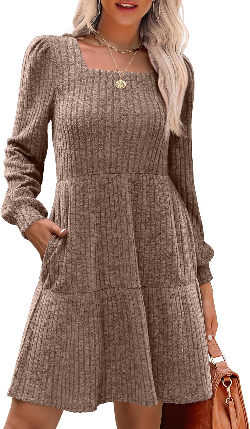 Stylish Womens Square Neck Long Sleeve Fall Dresses for Comfort
