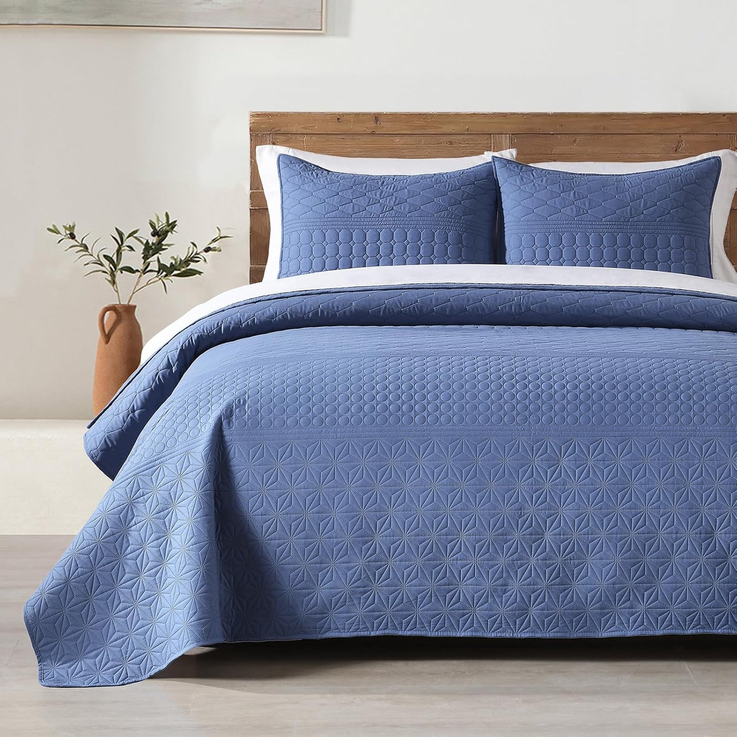 Denim Blue Queen Size Quilt Set - Soft Microfiber Bedspread