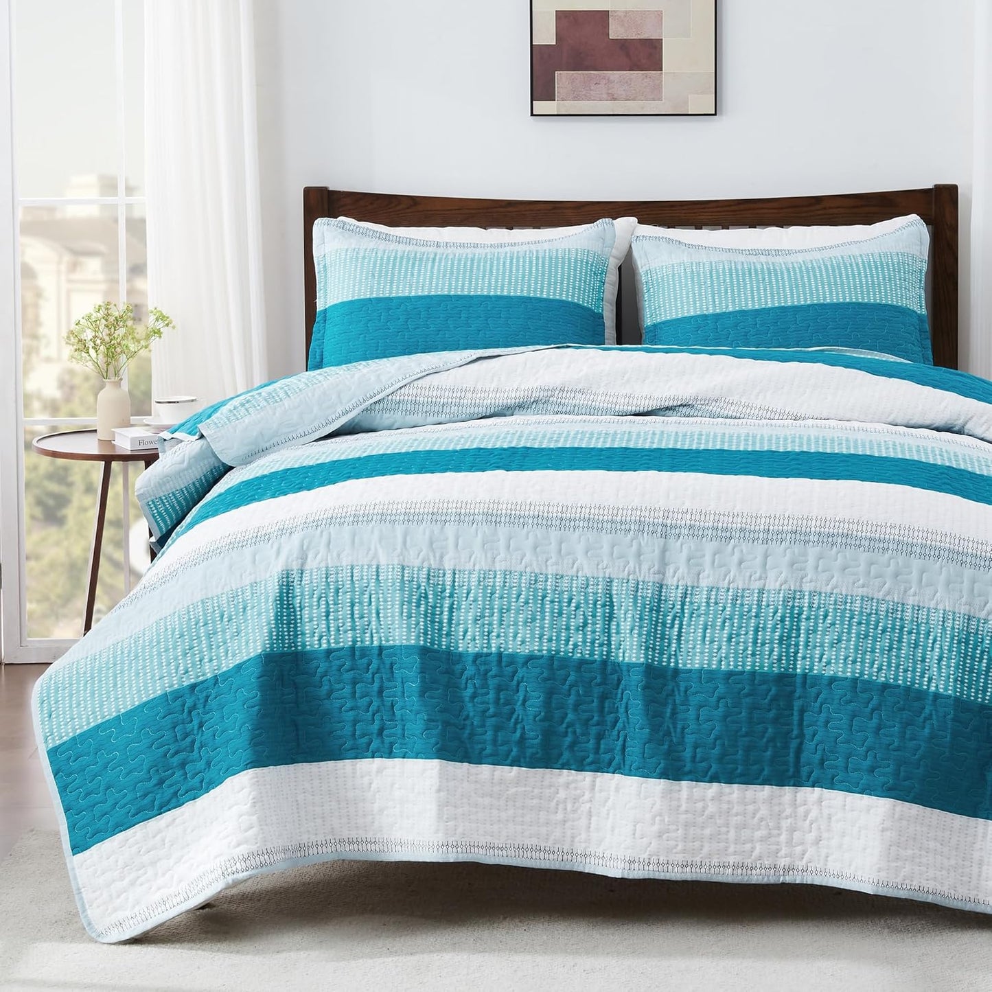 Andency Teal and White Striped Quilt Set for Cal King Beds