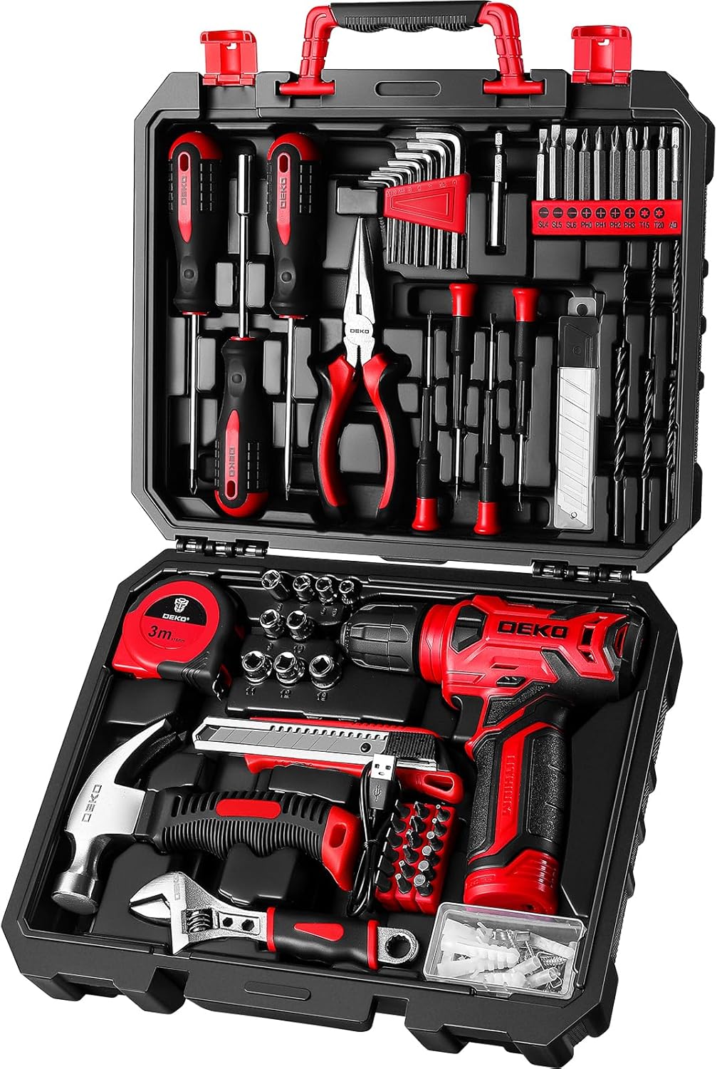 DEKOPRO 126 Piece Drill Set with 8V Red Cordless Drill
