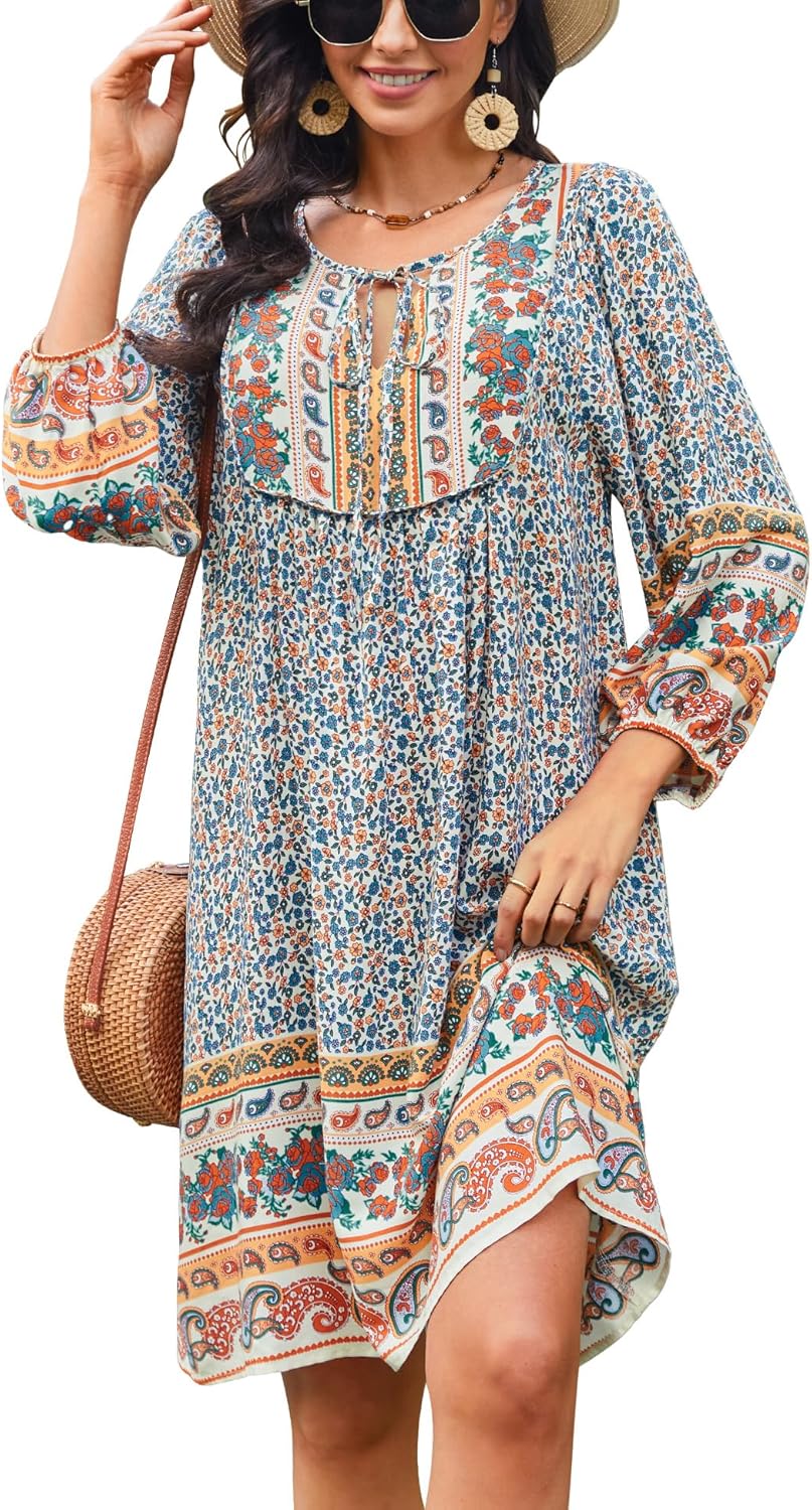 Bluetime Women Casual Summer Dress Boho V Neck Floral Print