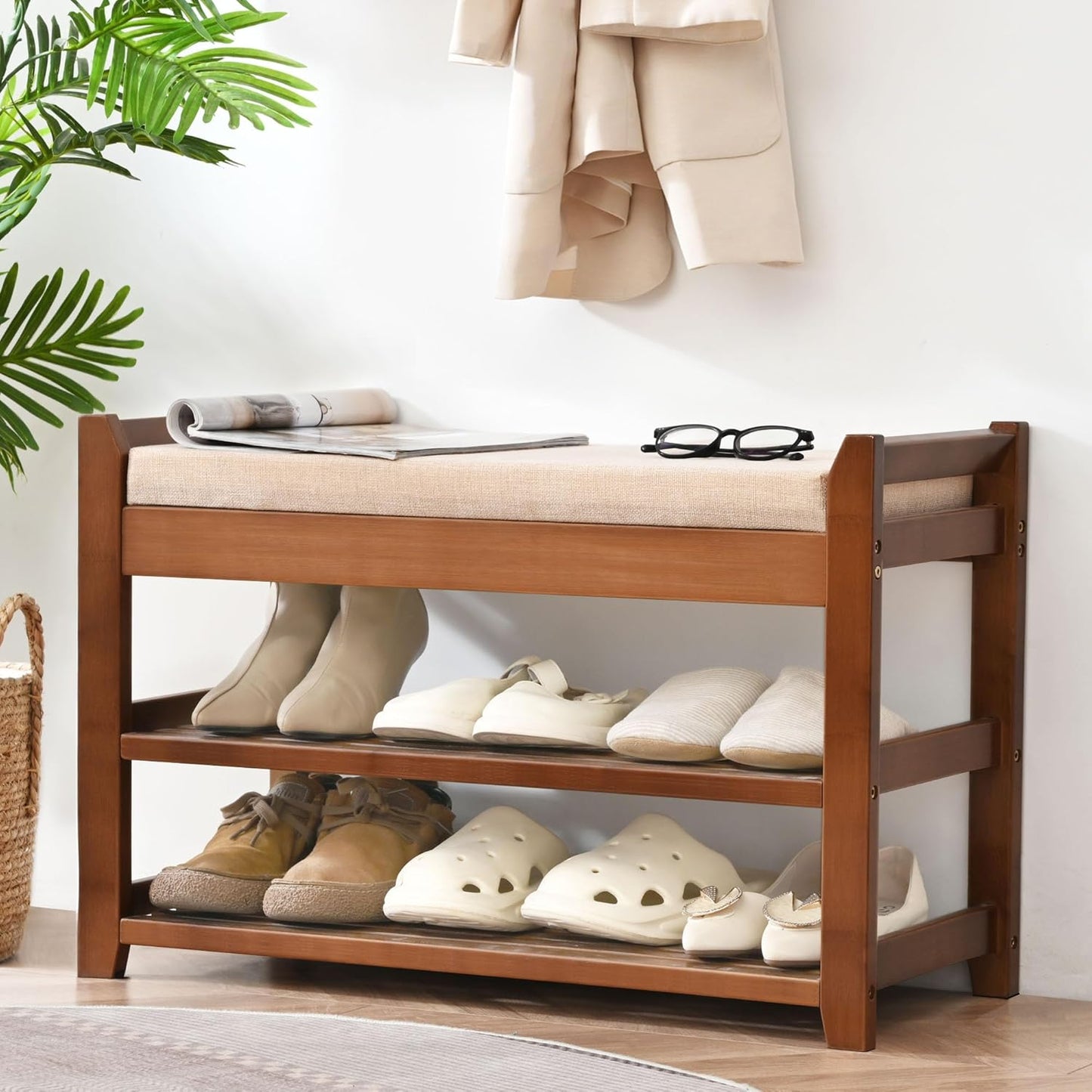 Shoe Rack Bench with Cushion for Entryway and Living Room