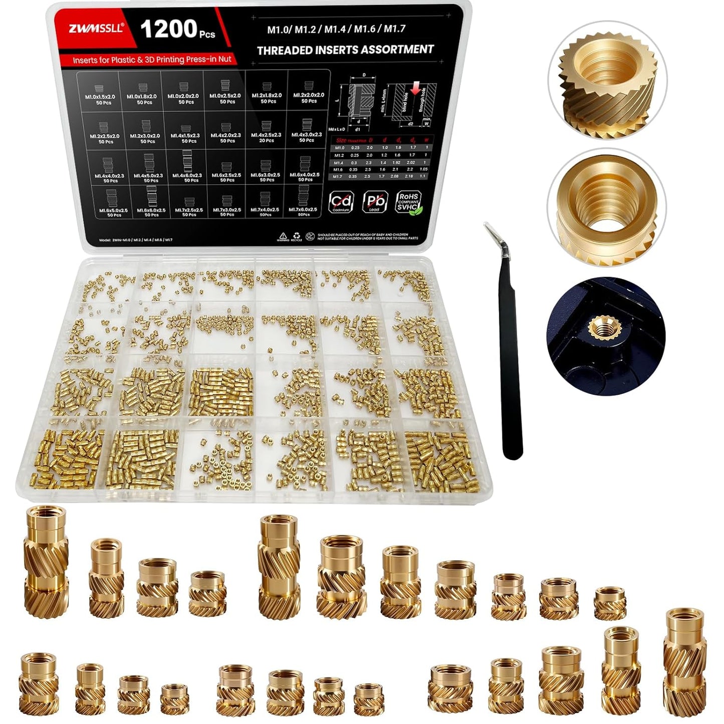M1 Threaded Inserts Assortment Kit for 3D Printing Components