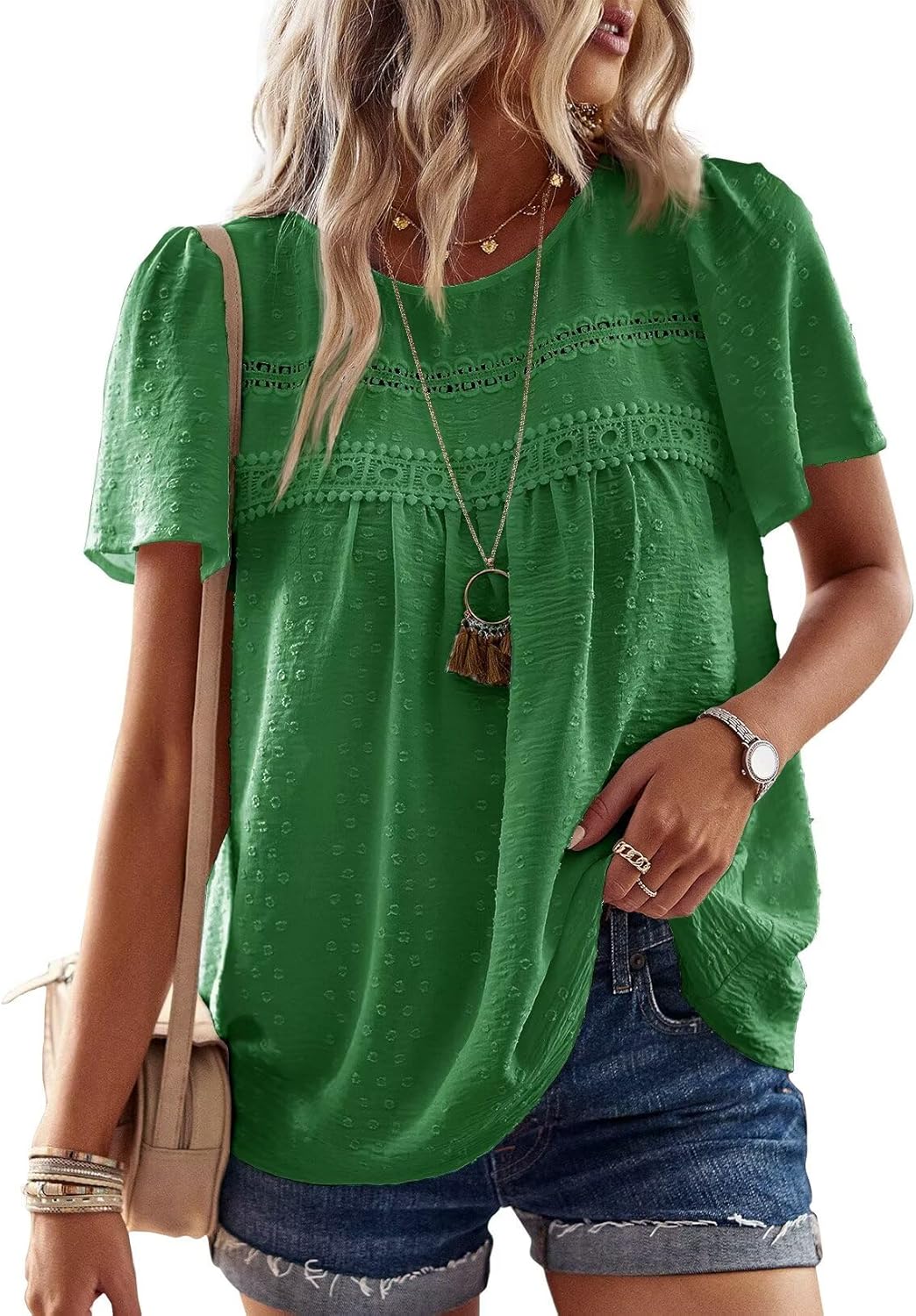 Womens Summer Tops Crewneck Short Sleeve Casual Chiffon Blouses