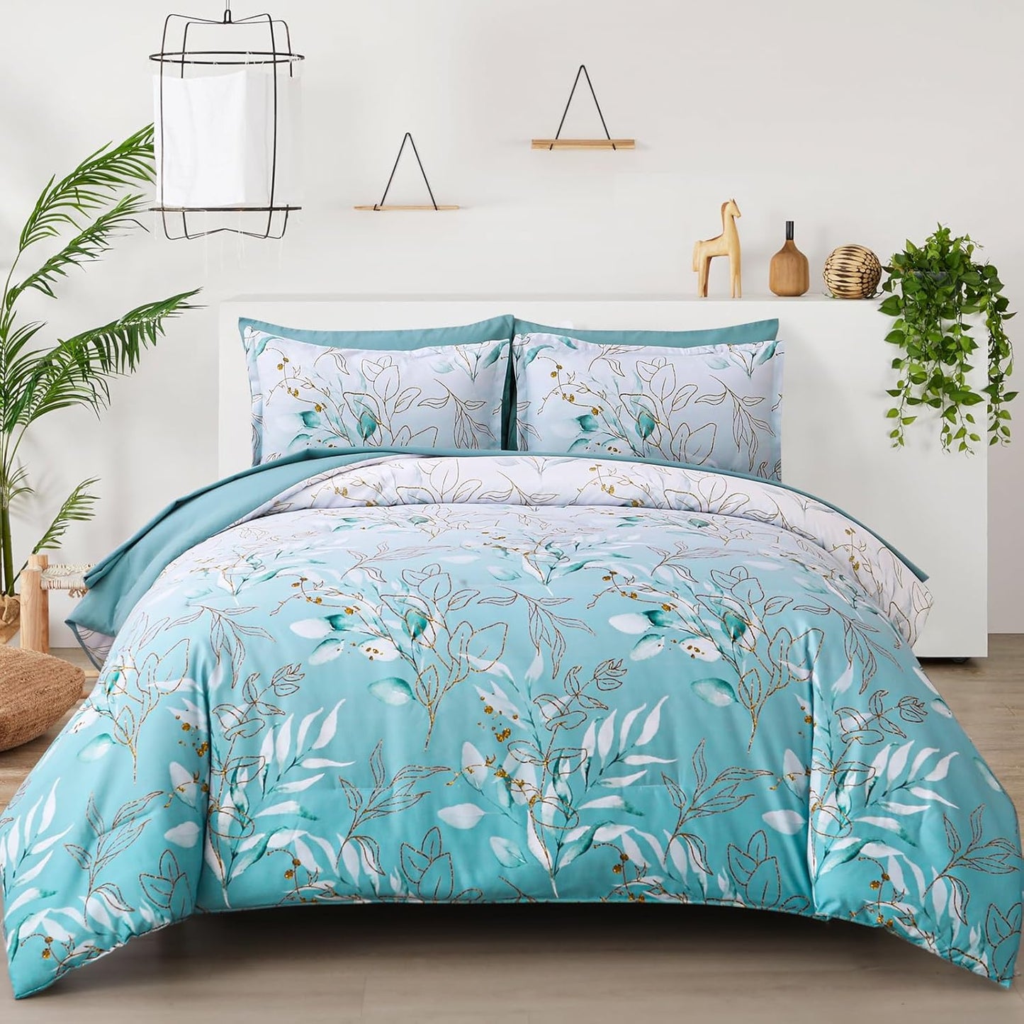 Aqua Comforter Set King Size with Botanical Design for All Seasons