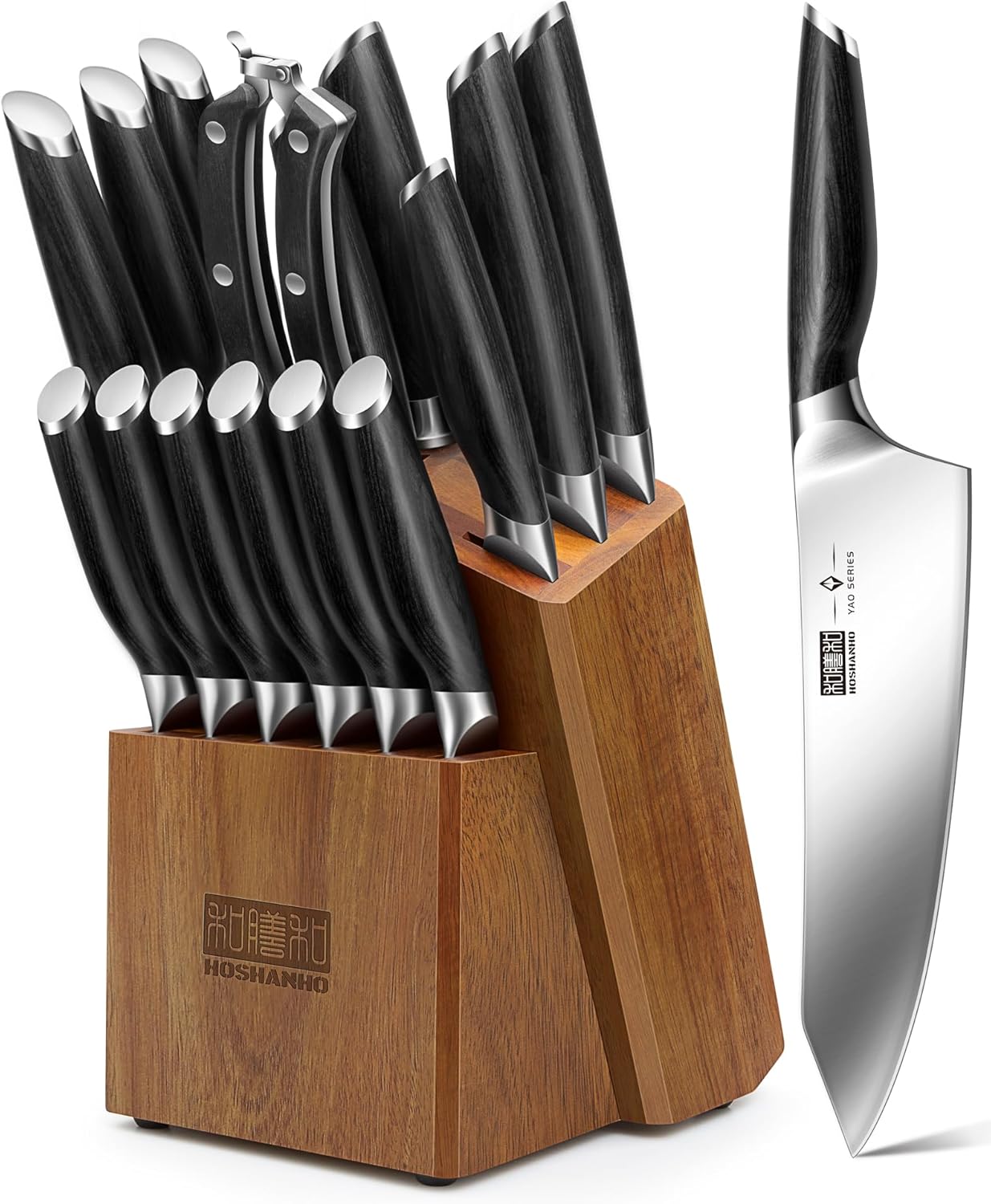 HOSHANHO 16-Piece Kitchen Knife Set with Block for Chefs