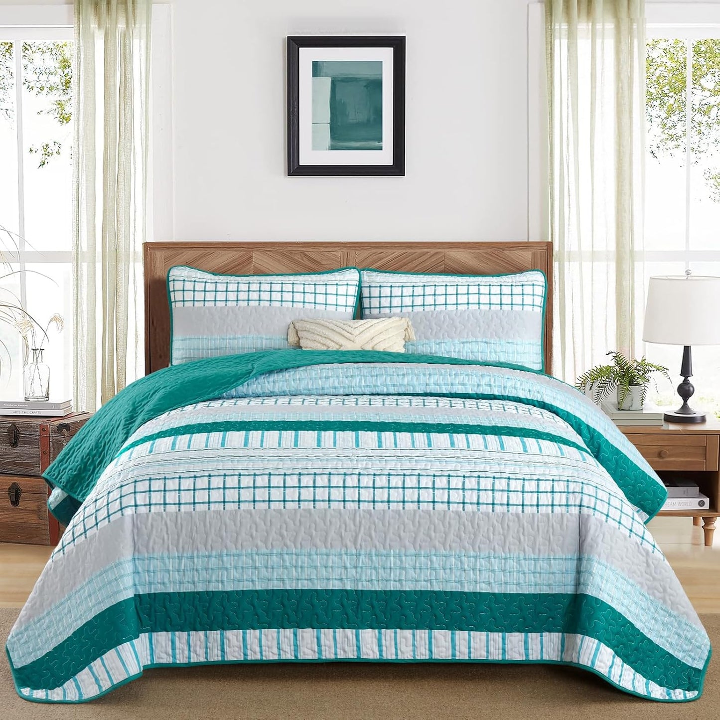 DJY Striped Quilt Set King Size for All Season Comfort