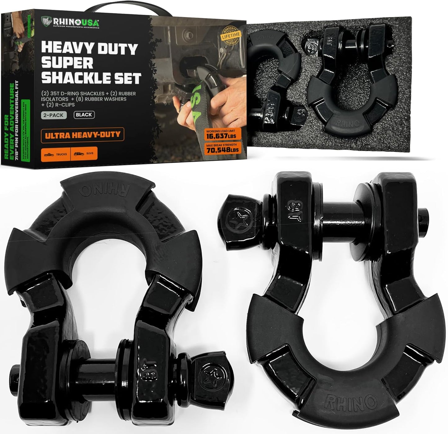 Rhino USA Super D Ring Shackles for Heavy-Duty Towing & Recovery