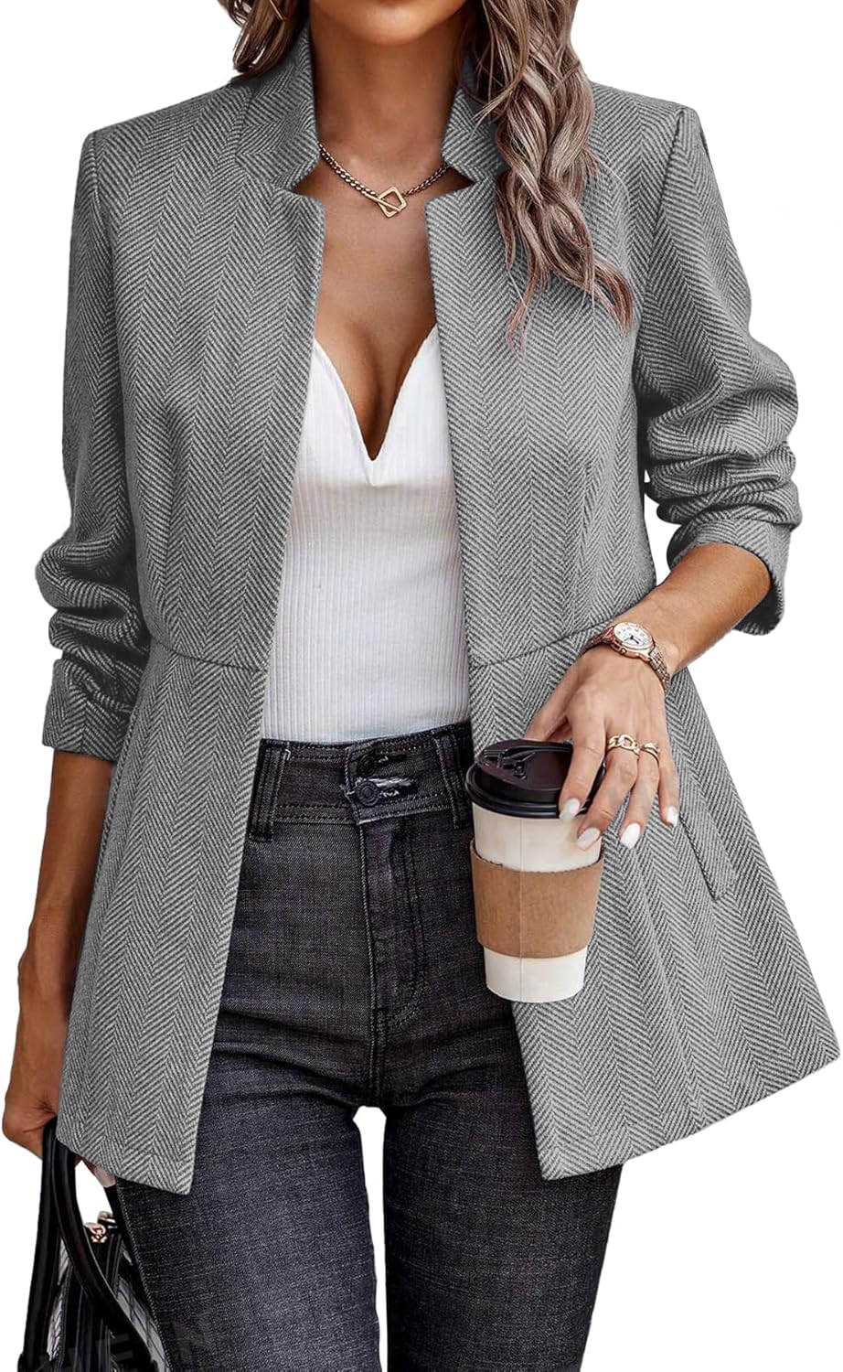 ELLEVEN Womens Open Front Herringbone Blazer for Work Style