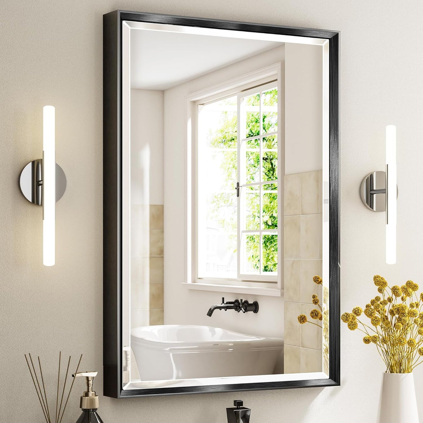 Black Framed Mirror for Bathroom - 24x36 Inch Beveled Design