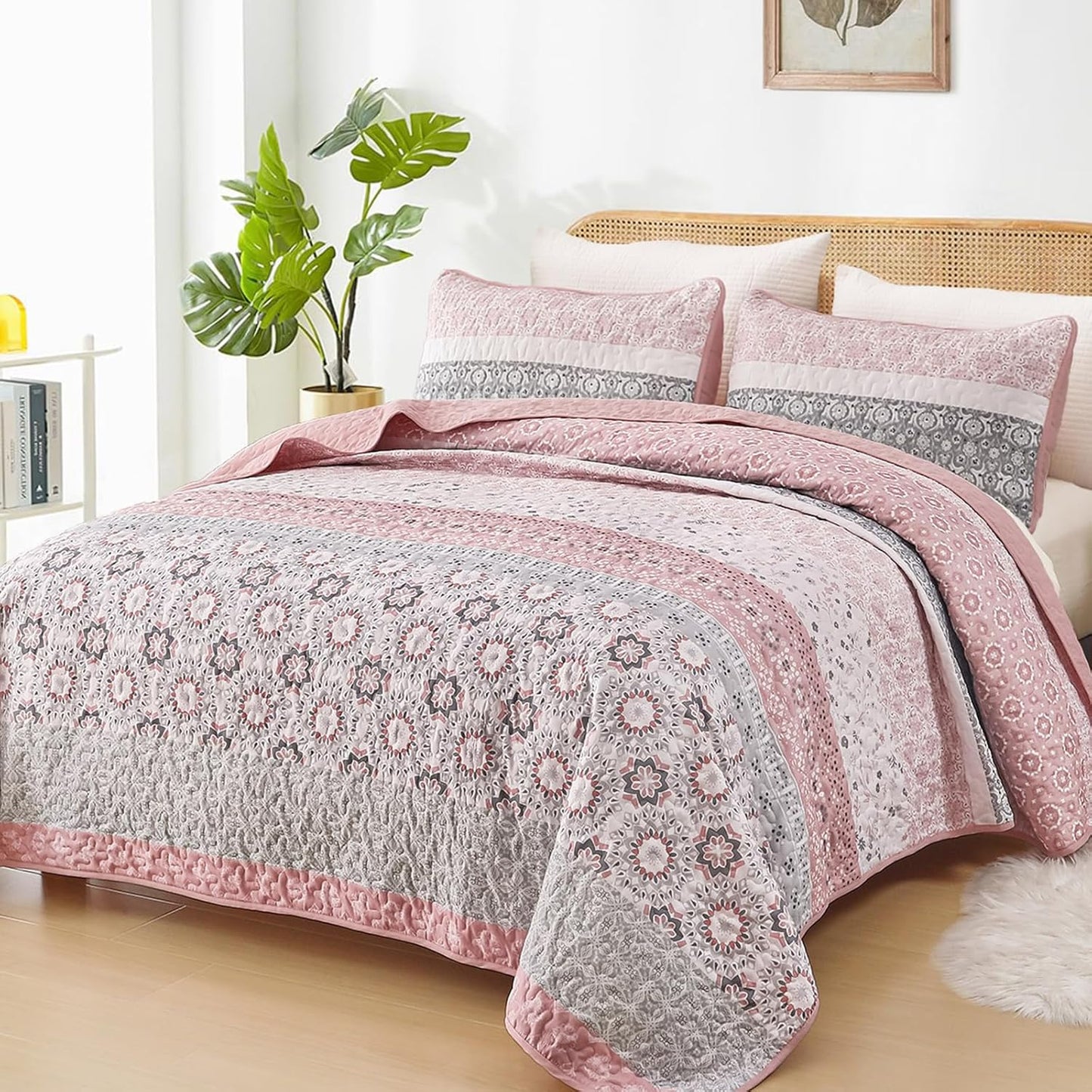 Bohemian Pink Striped Quilt Set King for Stylish Bedrooms