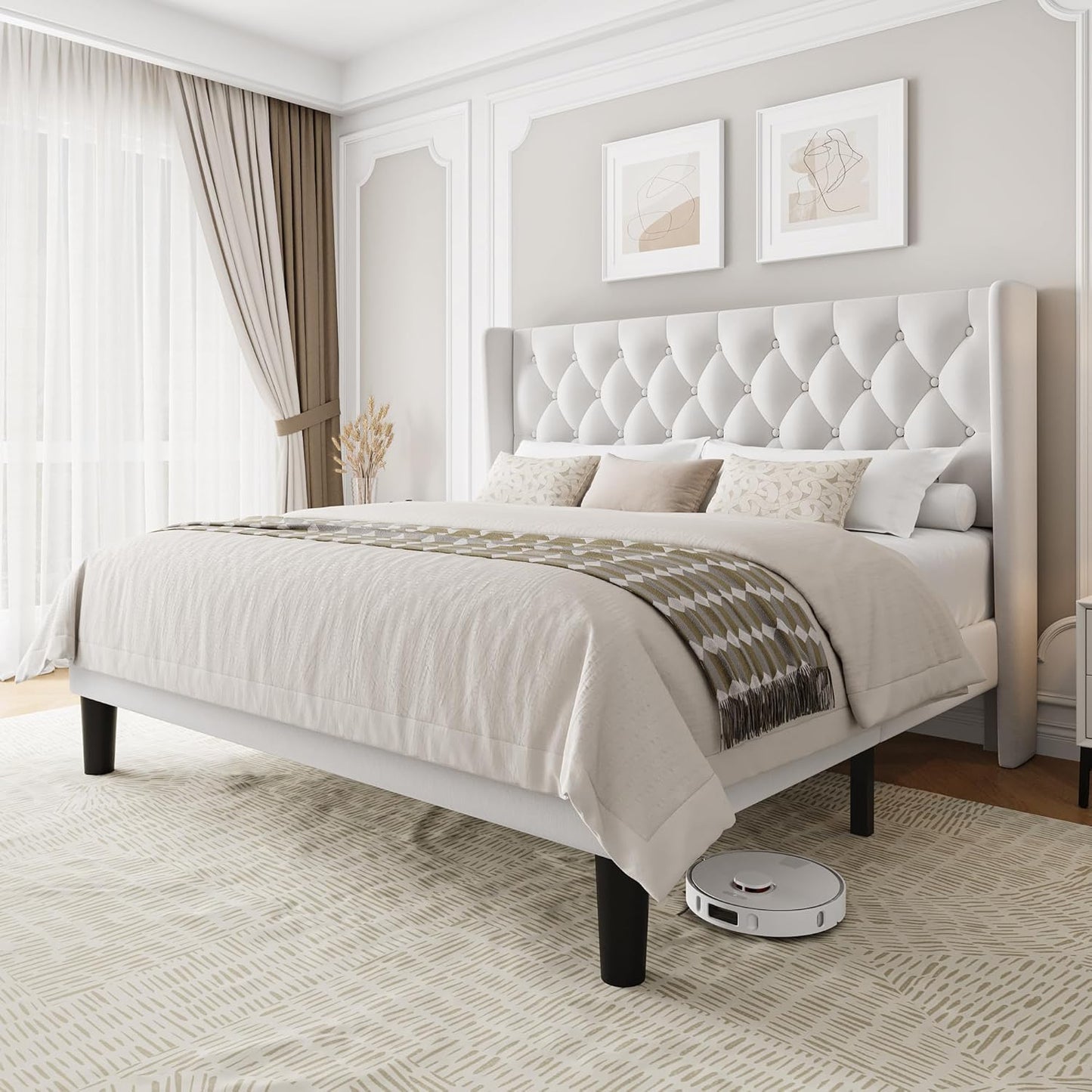 King Size Upholstered Bed Frame with Wingback Headboard Design