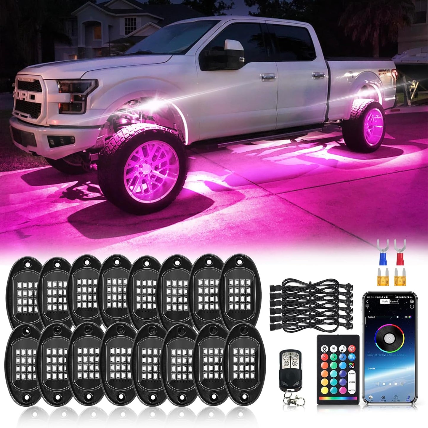 16Pods RGB LED Rock Lights Kit for Trucks and Off Road Vehicles