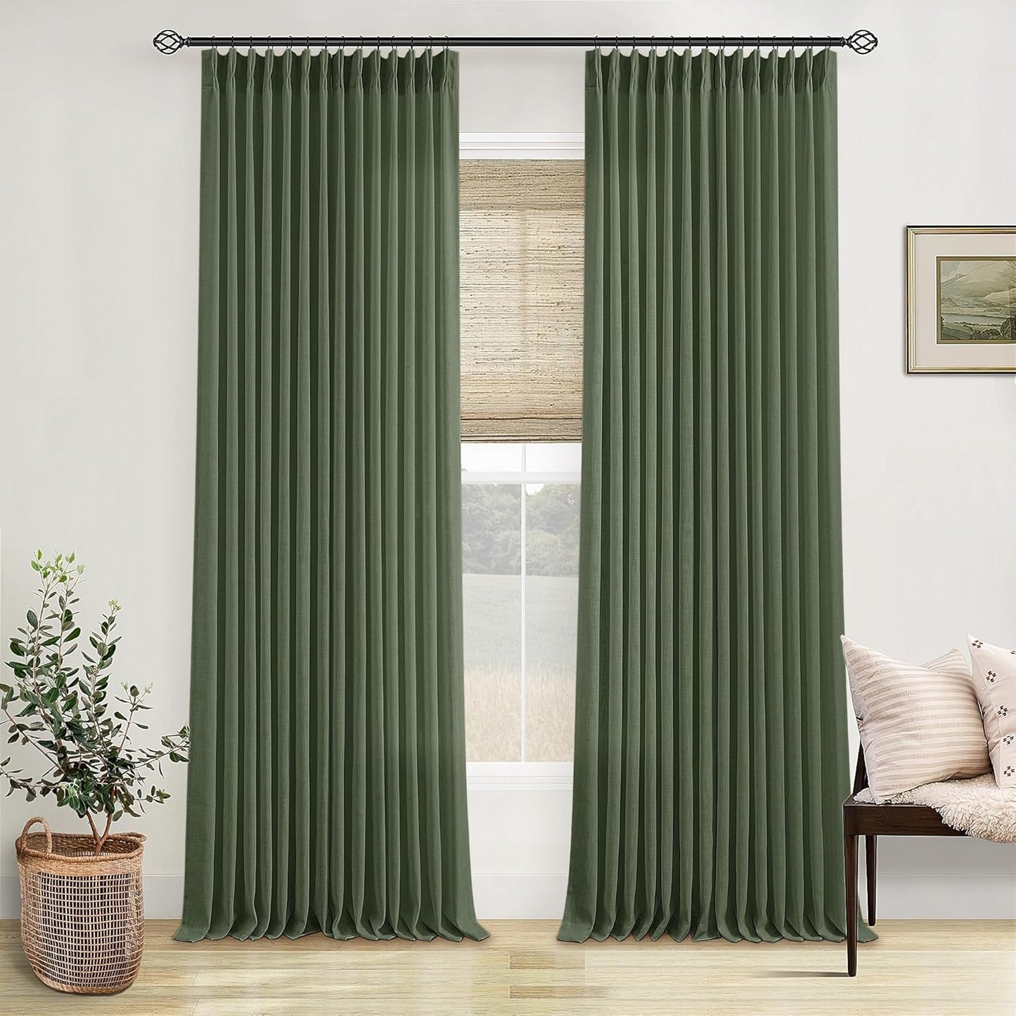 Olive Green Linen Pinch Pleated Curtains for Elegant Homes