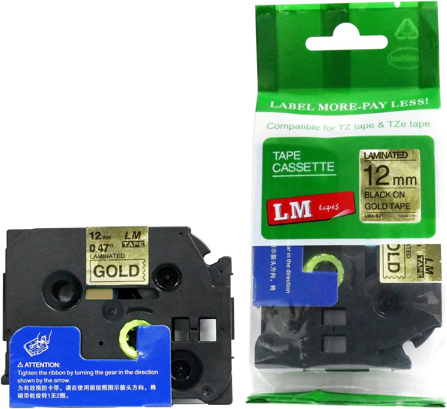 6/Pack LM Tapes Compatible TZe-831 Black on Gold Label Tape