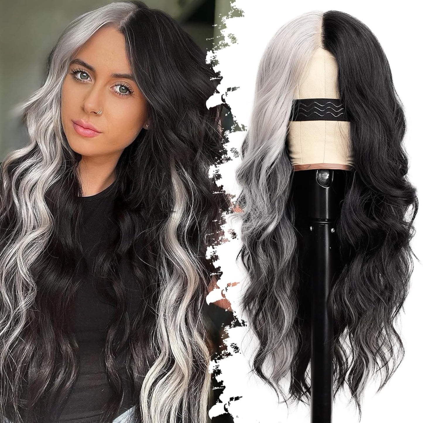 Fade Black White Long Wavy Wig for Women - 26 Inch Style