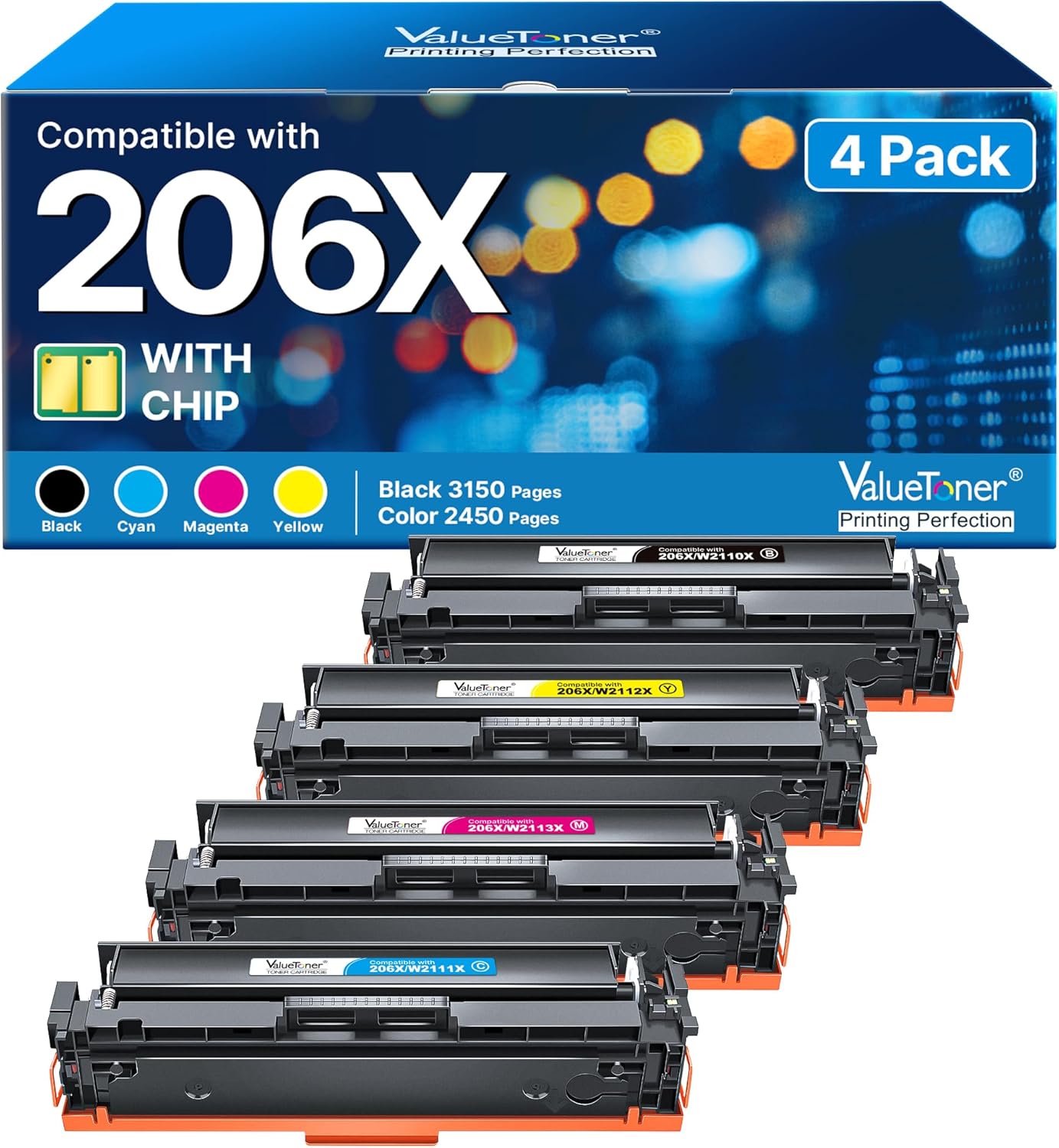 High Yield 206X Toner Cartridges 4 Pack for HP Printers