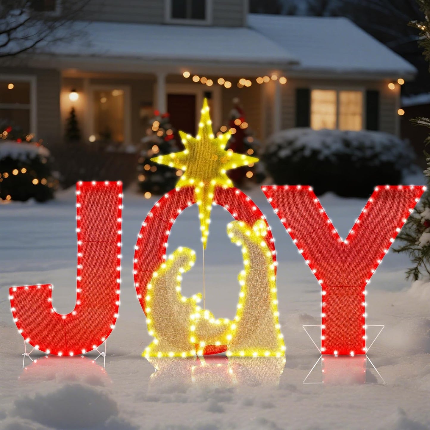 Lighted Joy Yard Sign and Nativity Scene for Outdoor Christmas
