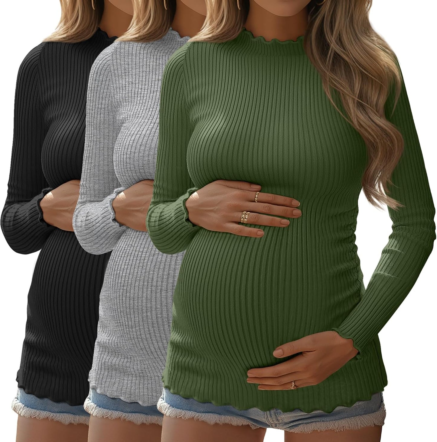 Huukeay Maternity Shirts 3 Pack Long Sleeve Mock Neck Tops