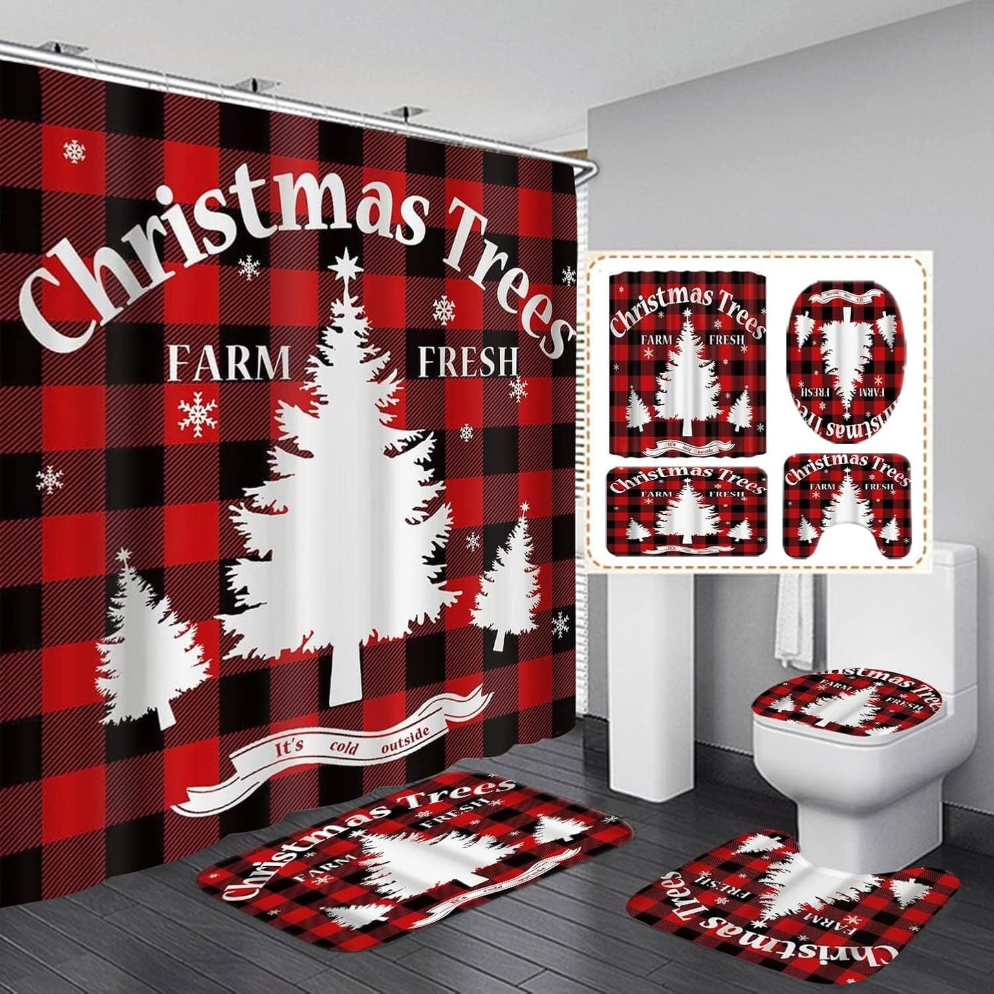 Red&Black Grid Christmas Shower Set - Durable Fabric, 4 Pcs